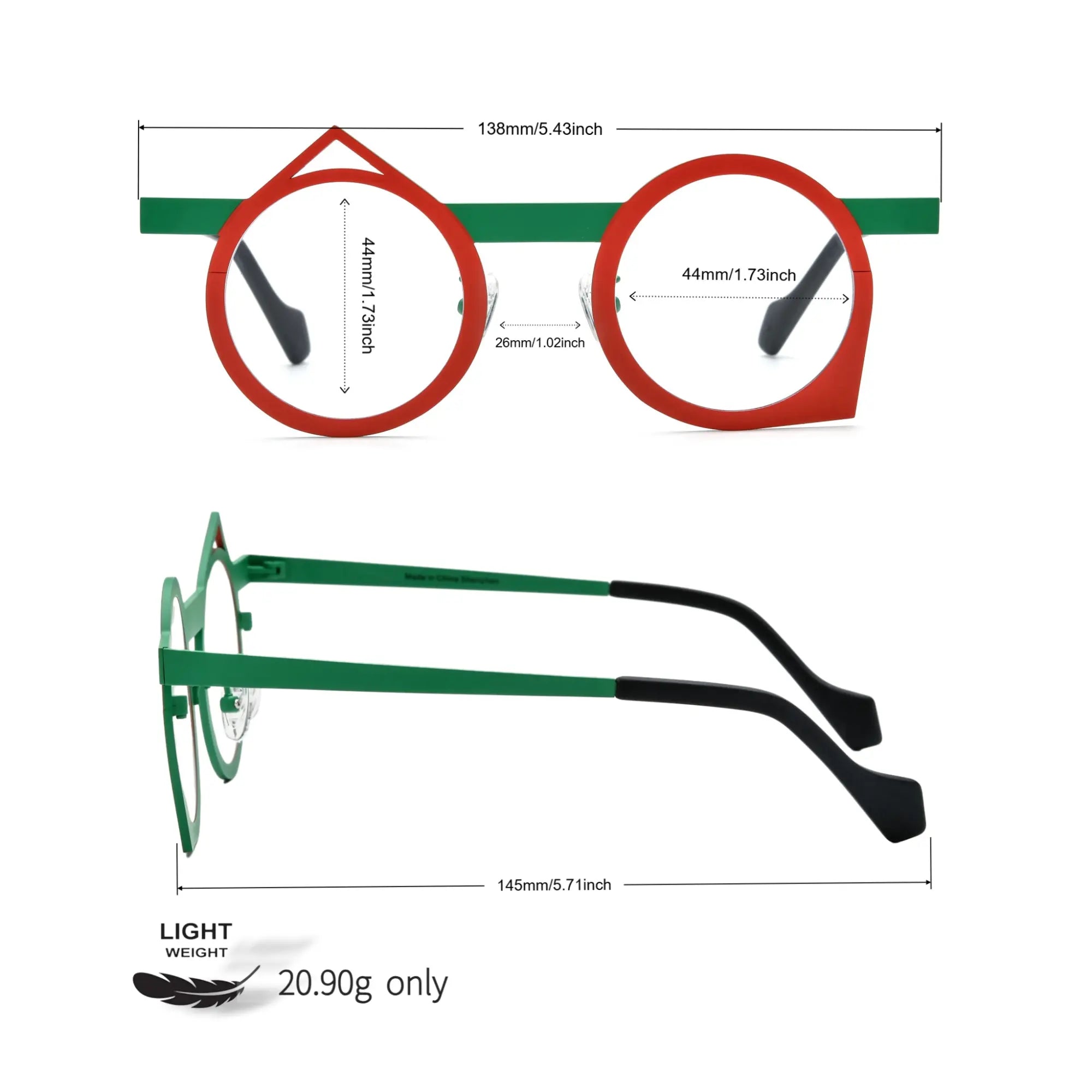Technical diagram of VoyueLens™ Chili Emerald VL185801 geometric titanium glasses with full frame dimensions and nose bridge spacing.