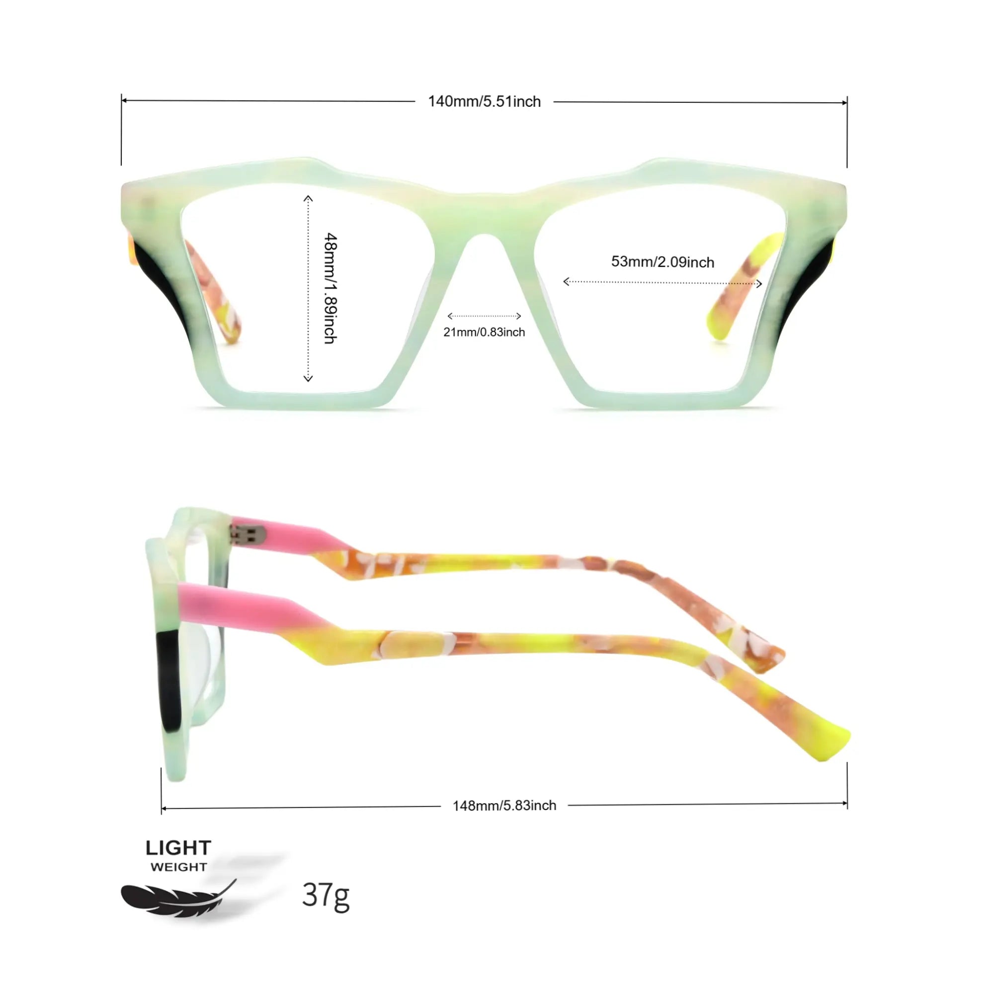 Measurement chart for VoyueLens™ Citrus Fade butterfly frame, including lens width, bridge width, temple length, and total frame width.