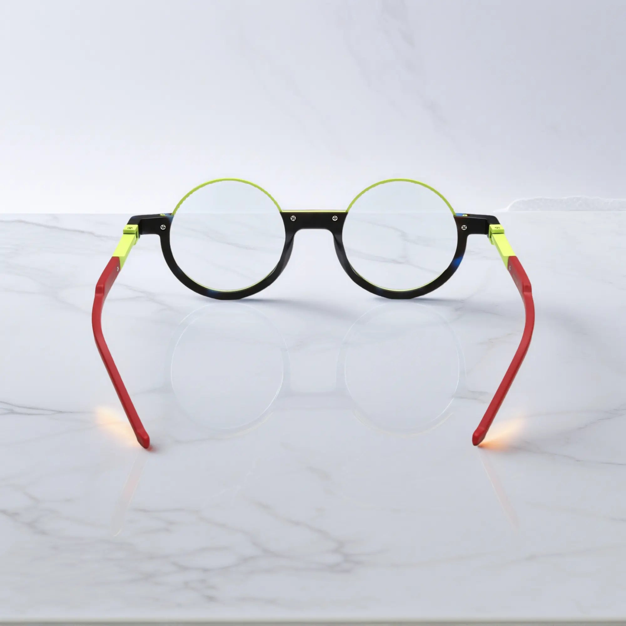 Back view showcasing the vibrant blend of citrus-inspired yellow and translucent green on the frame interior.