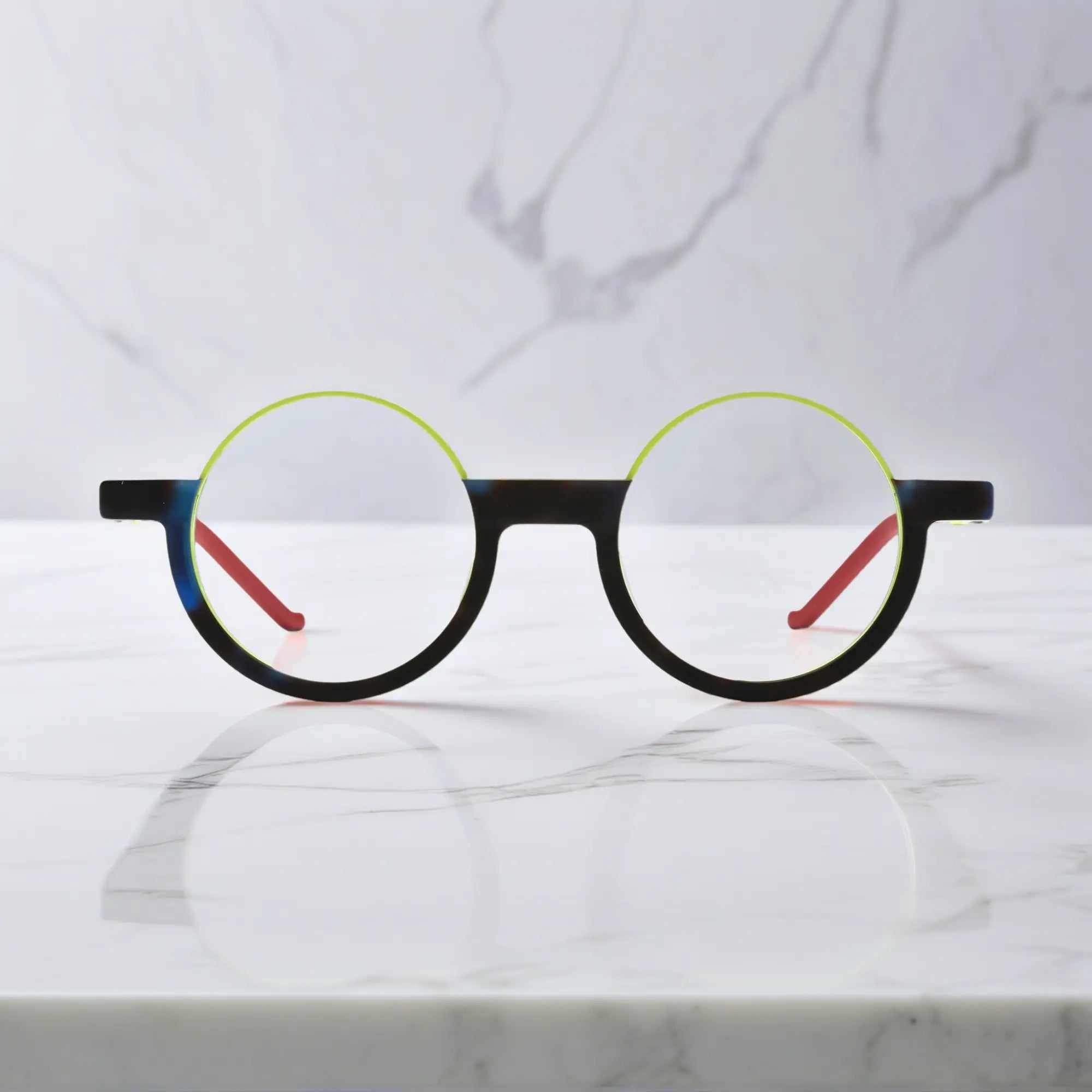 Front view of VoyueLens™ Citrus Fade eyeglasses featuring vibrant yellow-green gradient with soft matte finish.
