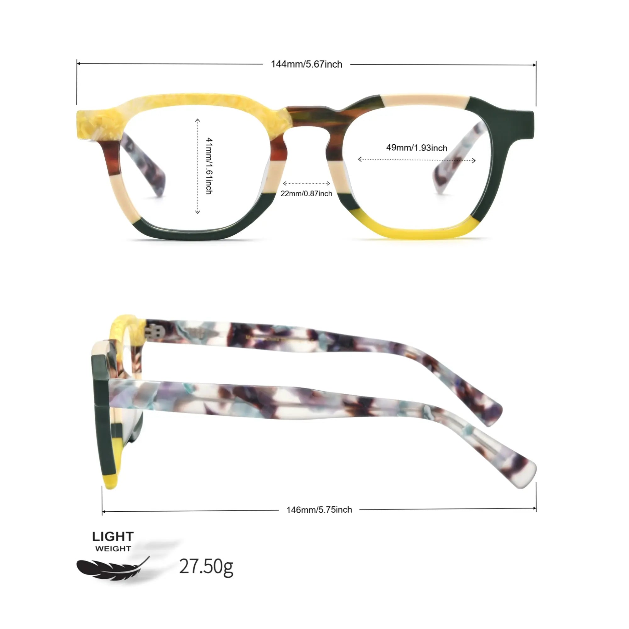 Size guide image of VoyueLens™ VL19358 Citrus Fade square-glasses, with detailed frame measurements for width, lens, and temple length.