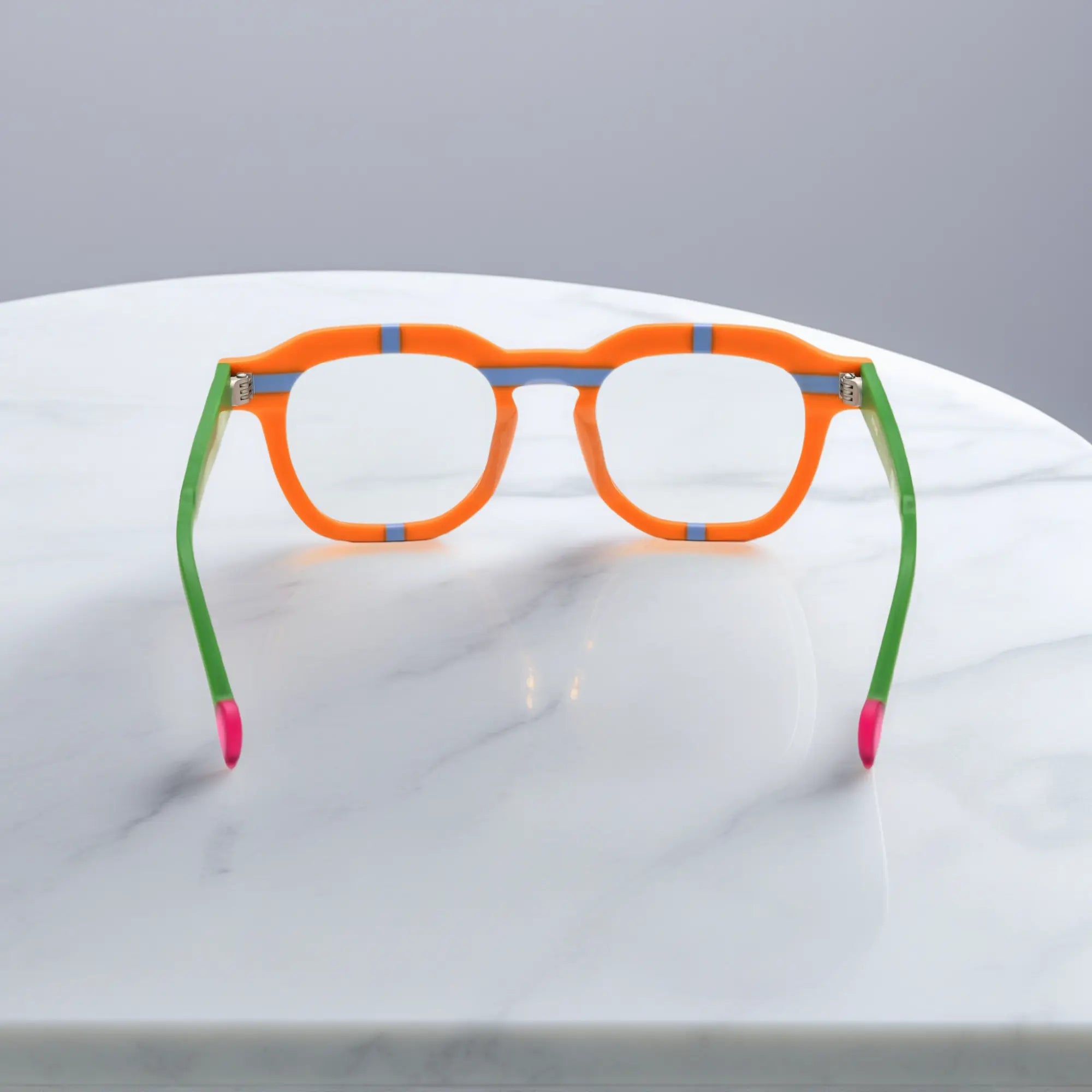 Back perspective of Citrus Pop frame highlighting acetate build and colorful temple tips