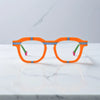 Front view of VoyueLens™ VL19363 Citrus Pop full-rim orange acetate eyeglass frame with green temples