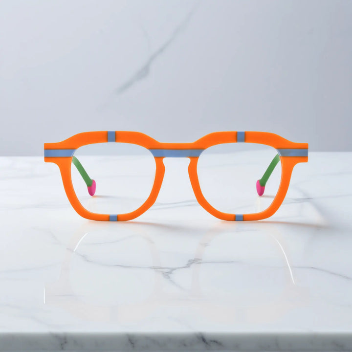 Front view of VoyueLens™ VL19363 Citrus Pop full-rim orange acetate eyeglass frame with green temples