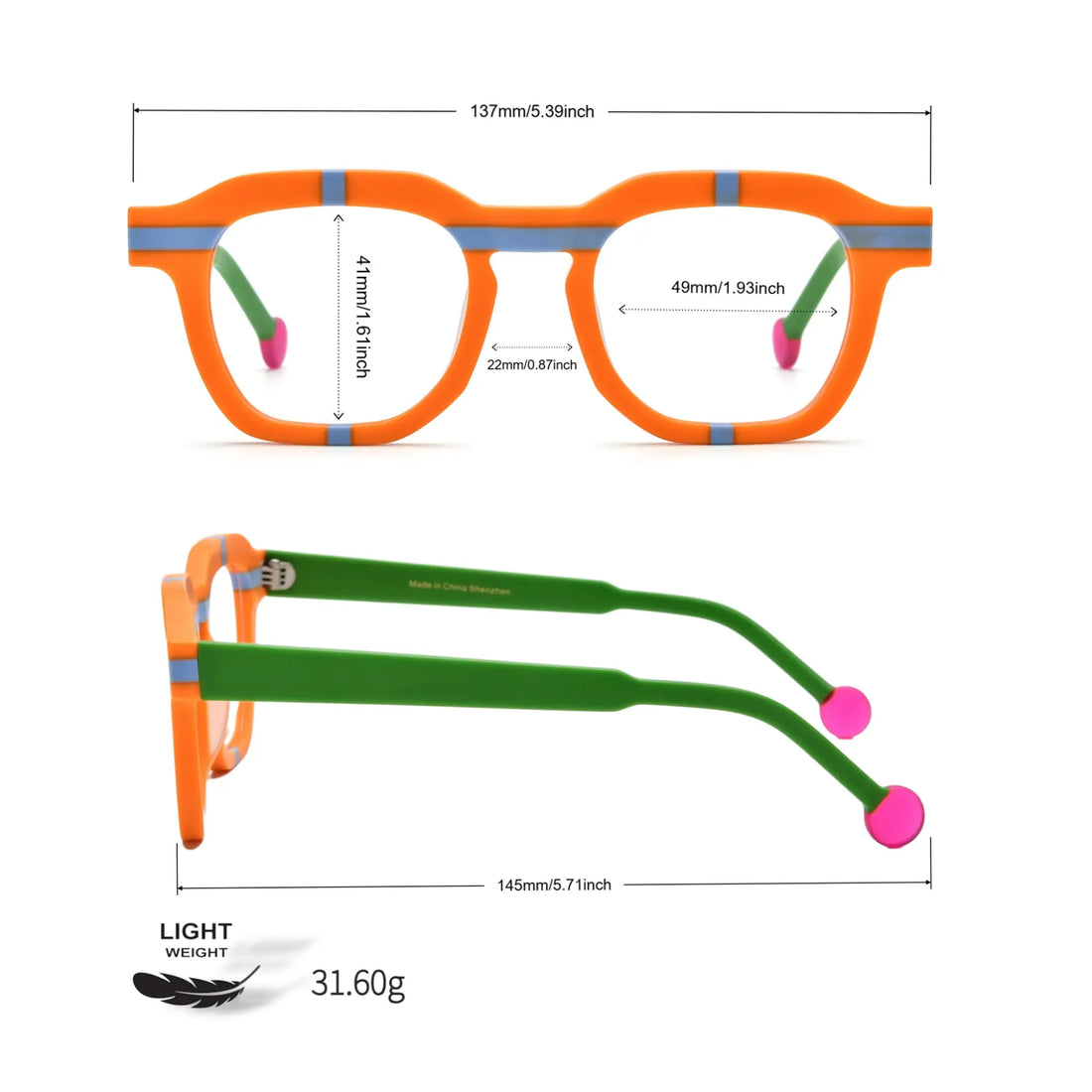 Detailed measurement chart of VoyueLens™ VL19363 Citrus Pop frame