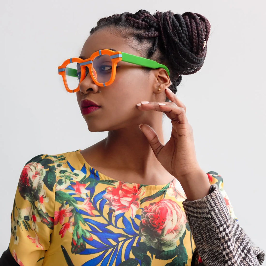 Fashion model showcasing the bold and colorful Citrus Pop eyeglasses by VoyueLens™ Urban Pop Series