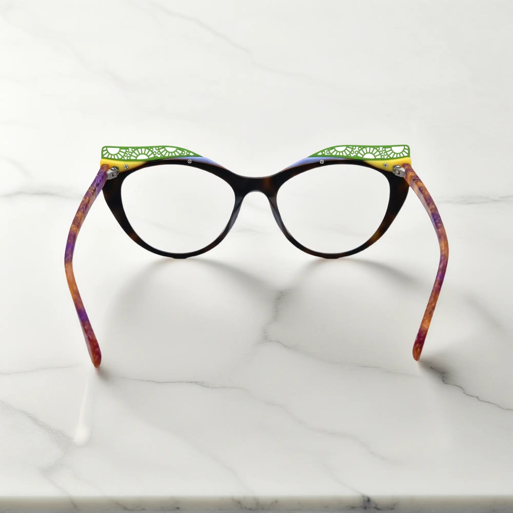 Back View of VoyueLens™ Citrus Tortoiseshell cat-eye eyeglasses with bold tortoiseshell gradient and signature lace-pattern design.