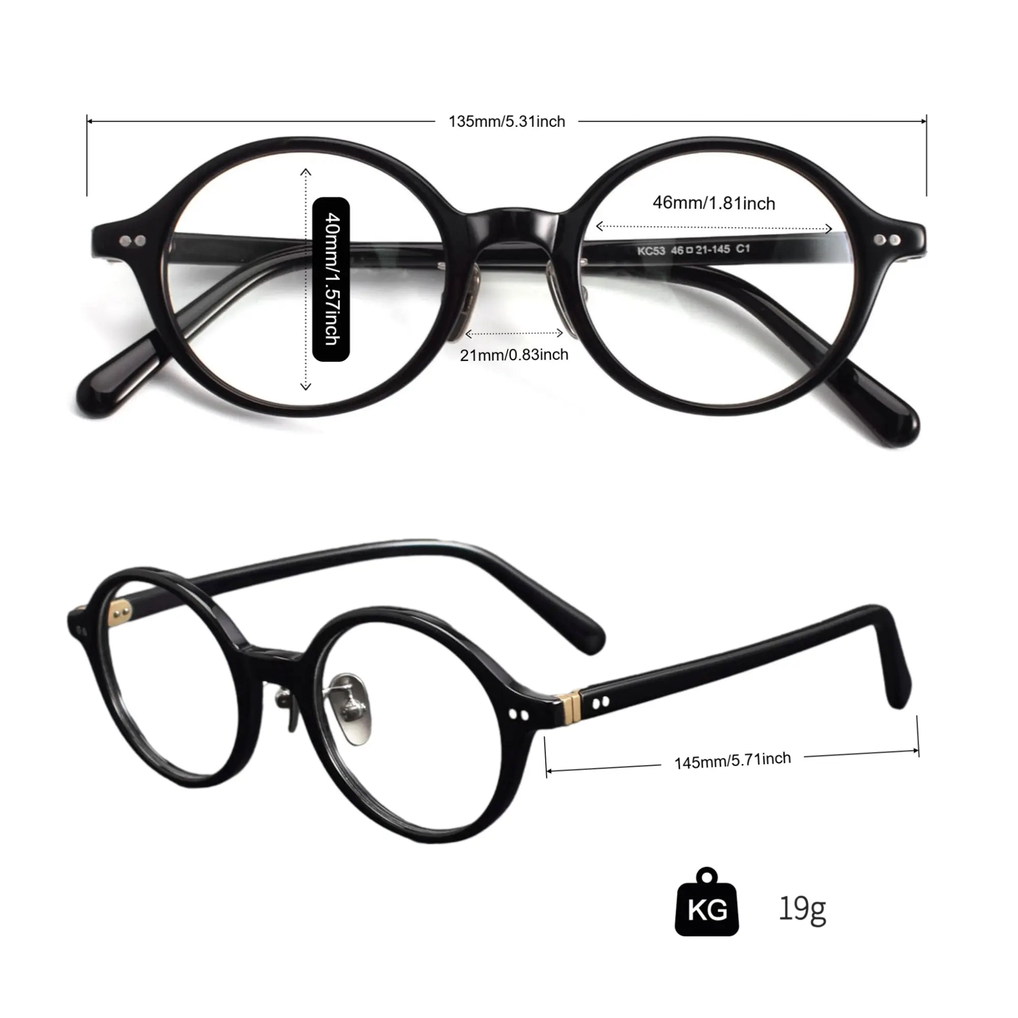 Frame width 135 mm, lens width 46 mm, lens height 40 mm, bridge 21 mm