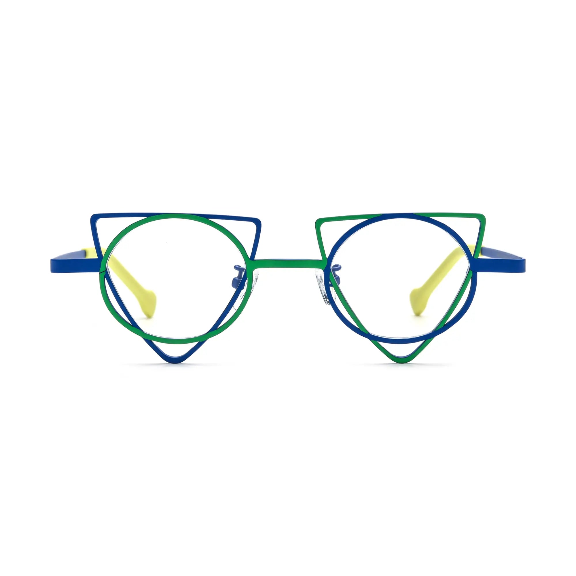 VoyueLens™ Cobalt Chartreuse Geometric Glasses – Front View – SKU VL185859-C5