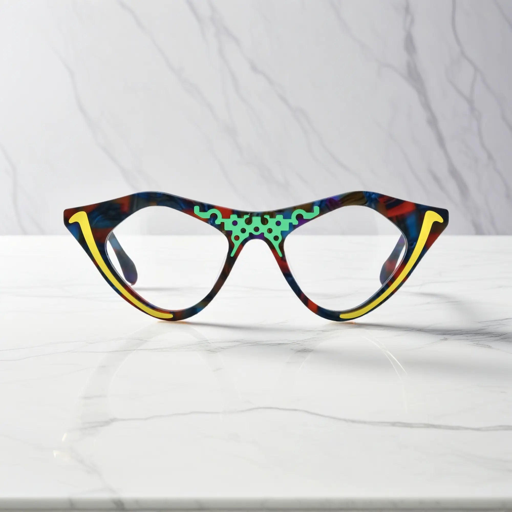 Color Burst VoyueLens™ pixel cat-eye glasses front view showcasing vibrant multicolor design