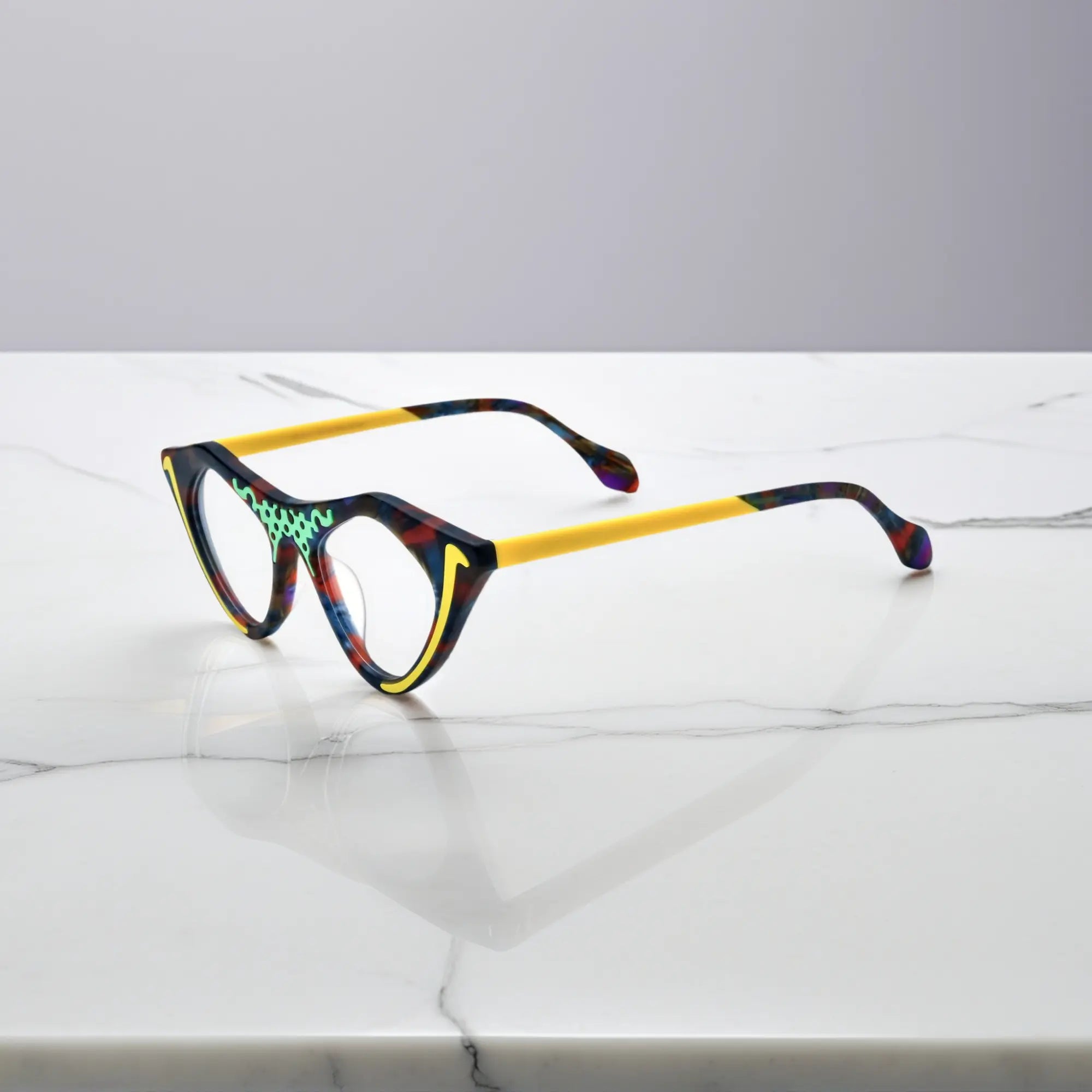 Color Burst VoyueLens™ pixel cat-eye glasses side profile with bold triangular structure