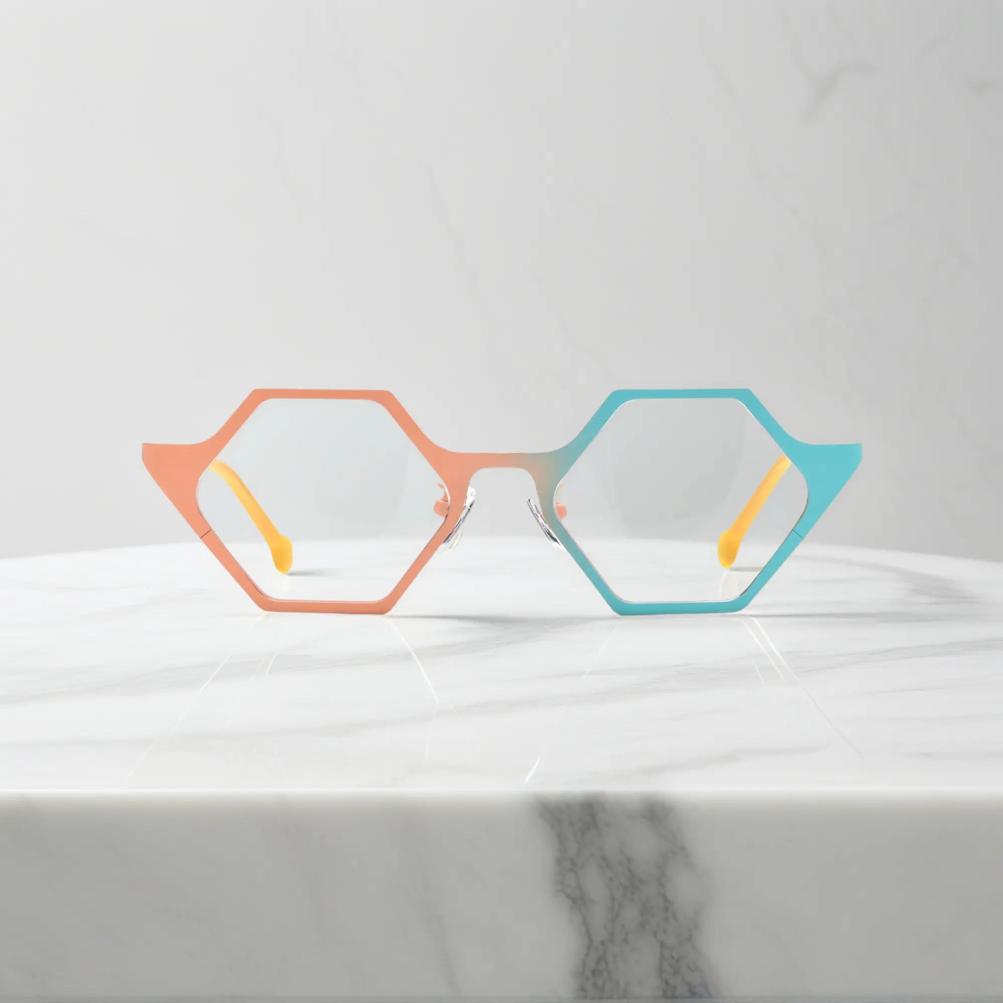 Front view of VoyueLens™ VL185881 in Coral Frost – pink and cyan titanium eyeglasses