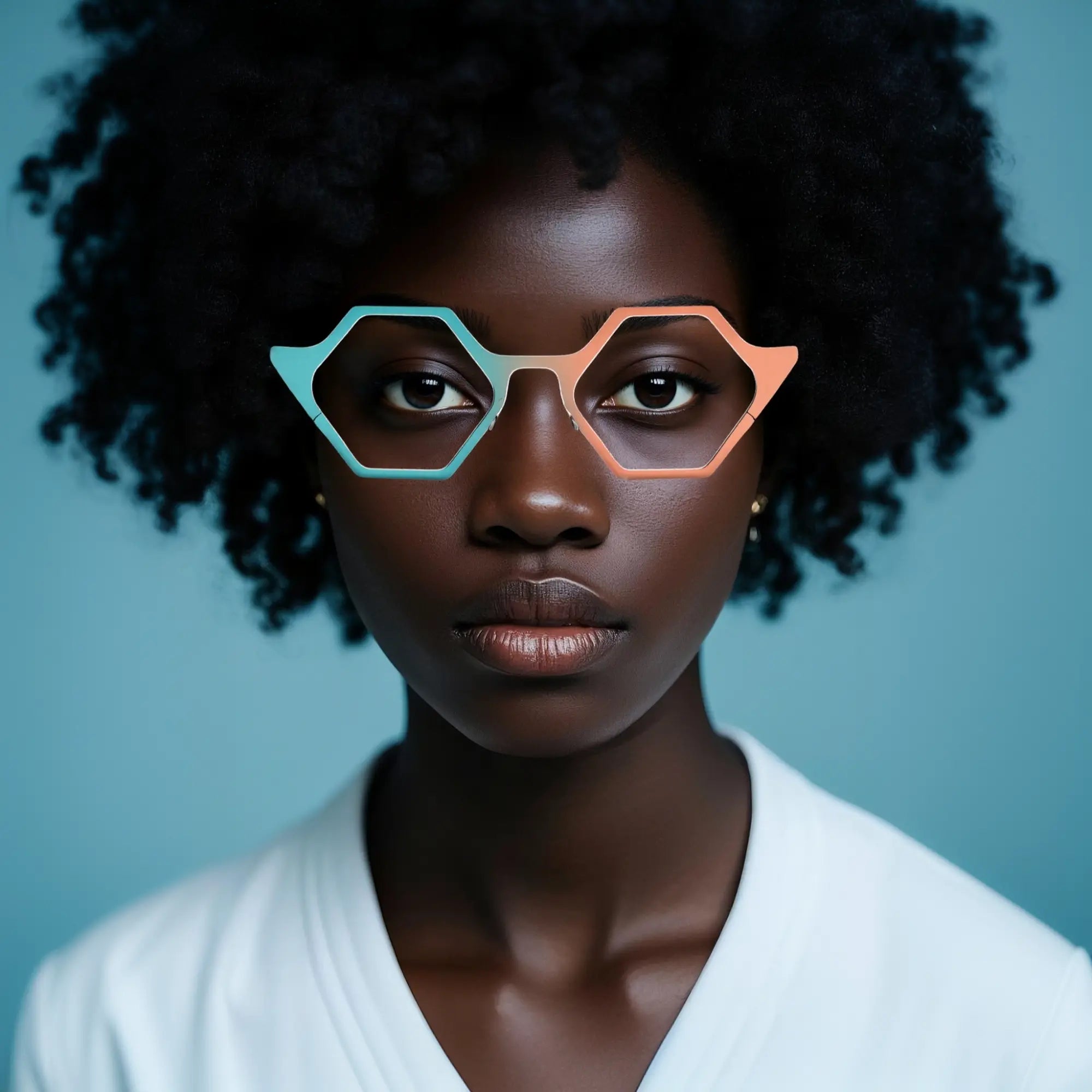 Model view of VoyueLens™ VL185881 in Coral Frost – chic pink-blue titanium glasses