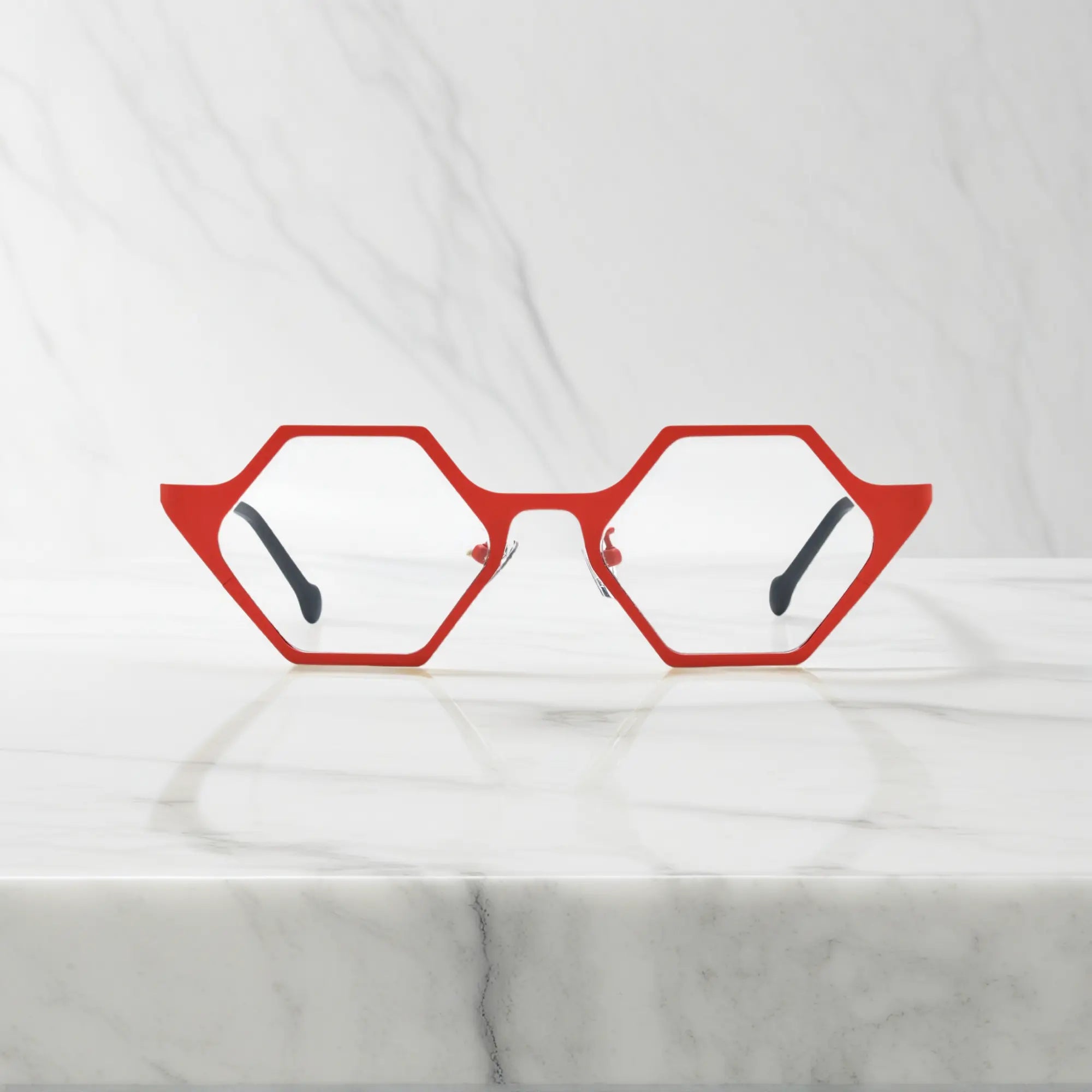 Front view of VoyueLens™ VL185881 in Crimson Depth – red titanium polygon eyeglasses