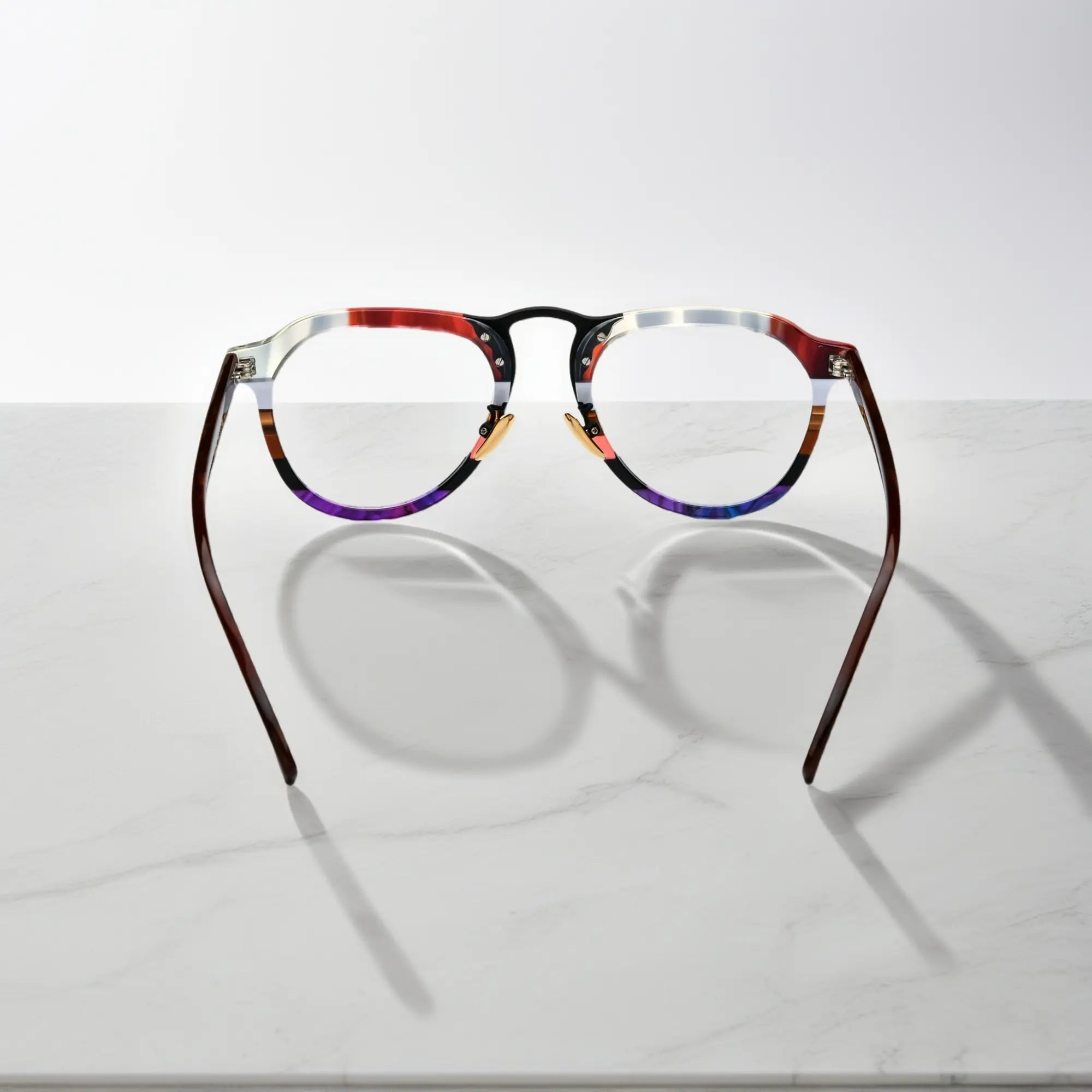 Rear view of VoyueLens Crimson Fade on Walnut red grey acetate aviator eyeglasses