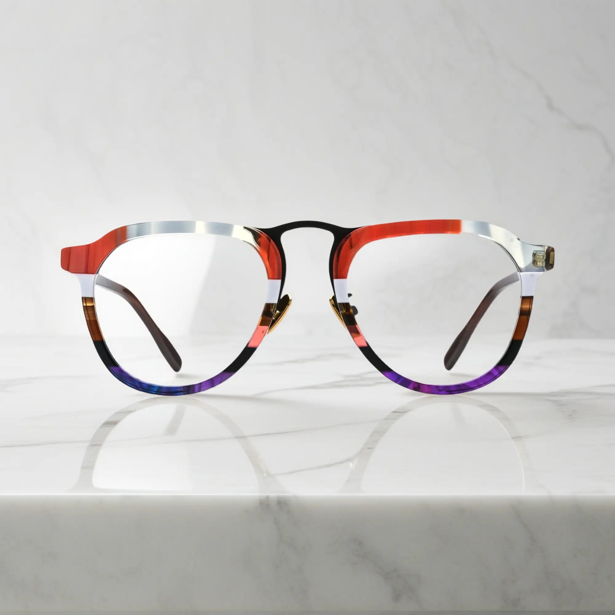 Front view of VoyueLens Crimson Fade on Walnut red grey acetate aviator eyeglasses