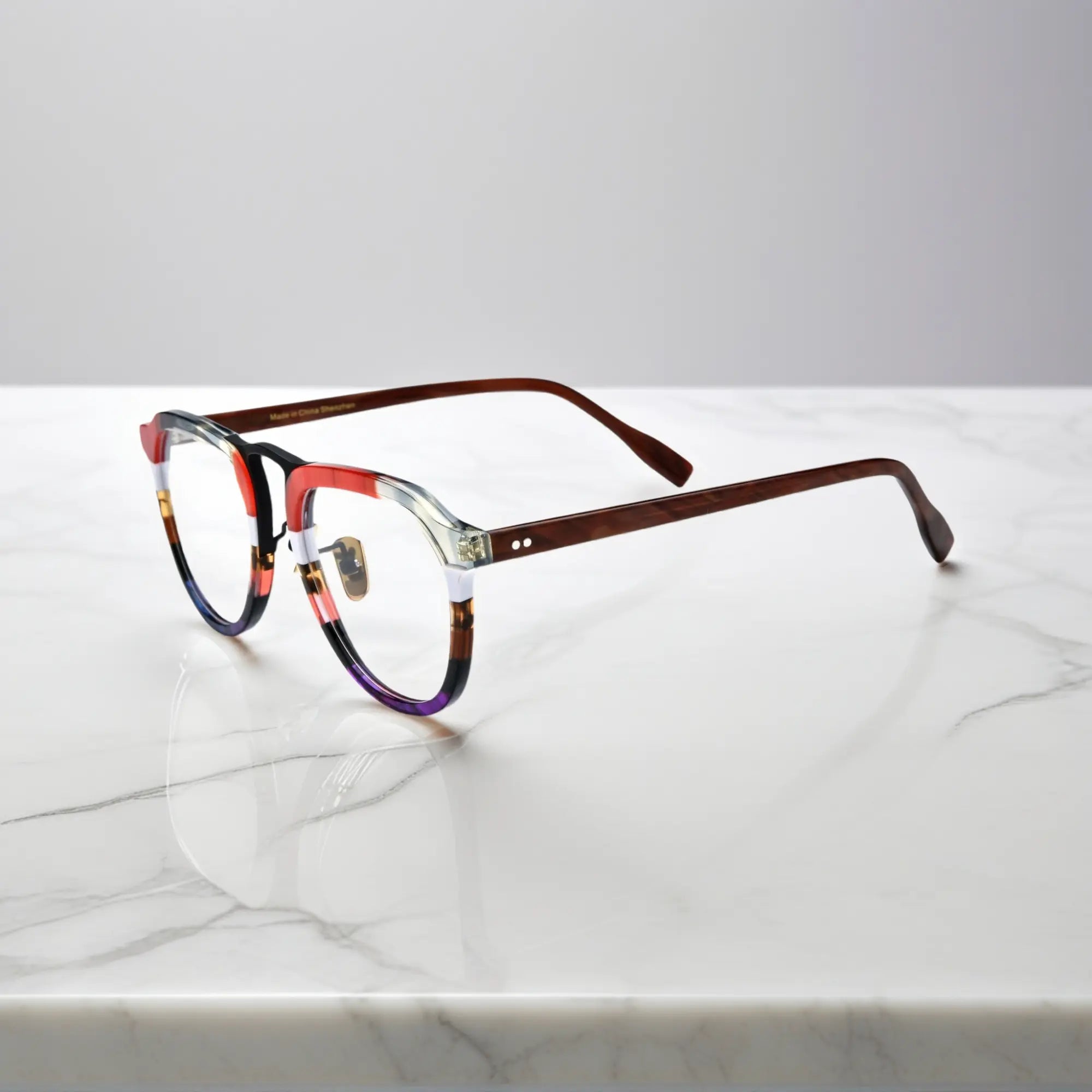 Side profile of VoyueLens Crimson Fade on Walnut red grey acetate aviator eyeglasses