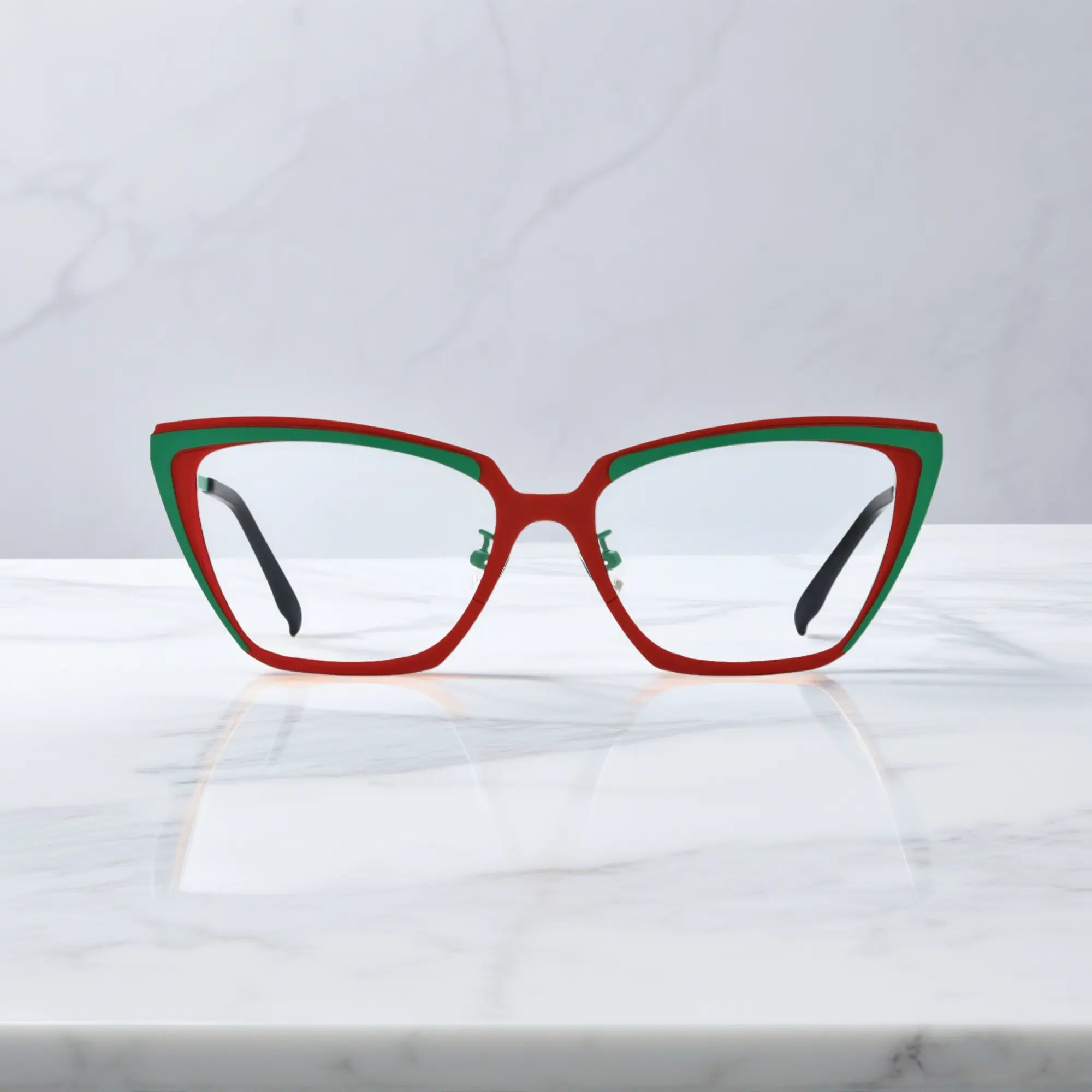 Front view of VoyueLens™ VL185809 Crimson Garden glasses in red-green titanium cat-eye frame
