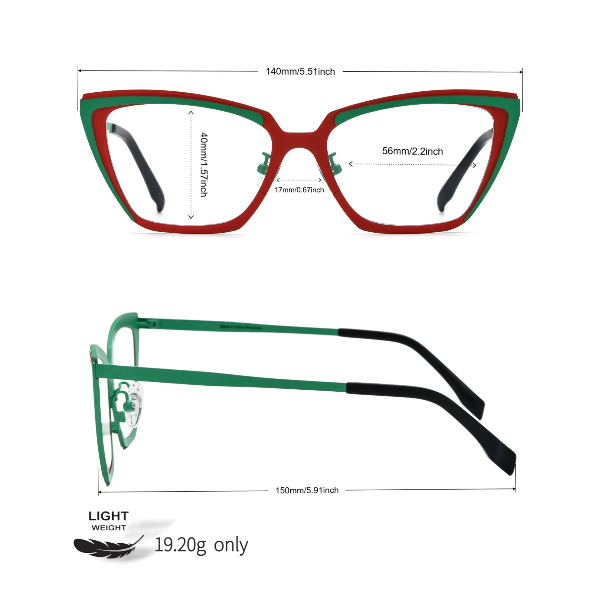 Size chart of VoyueLens™ VL185809 Crimson Garden cat-eye glasses