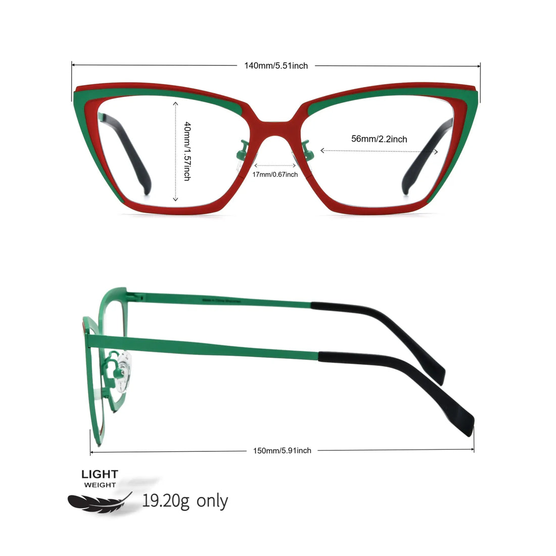 Size chart of VoyueLens™ VL185809 Crimson Garden cat-eye glasses