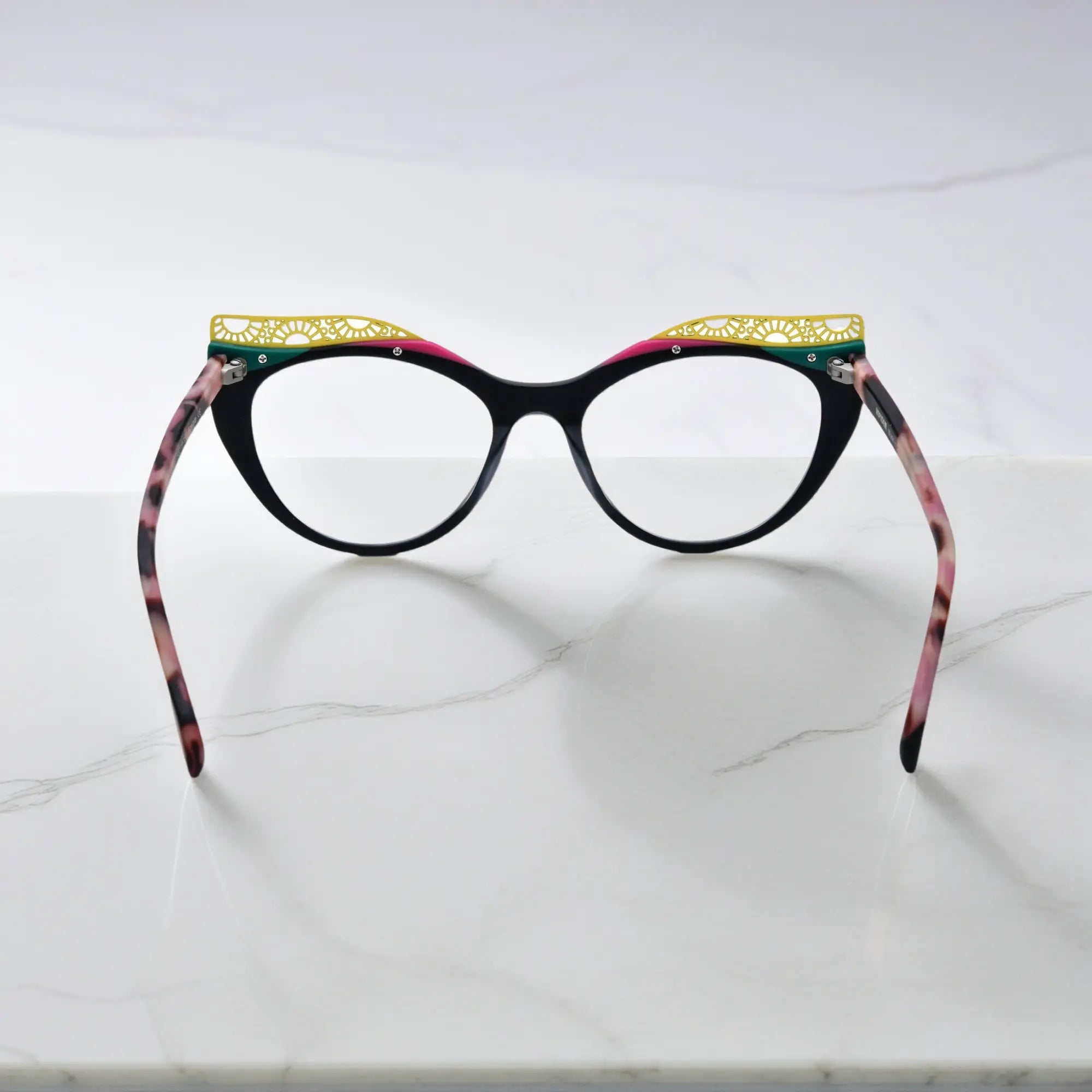 Back View of VoyueLens™ Crimson Nebula cat-eye eyeglasses with matte black with red nebula gradient and signature lace-pattern design.
