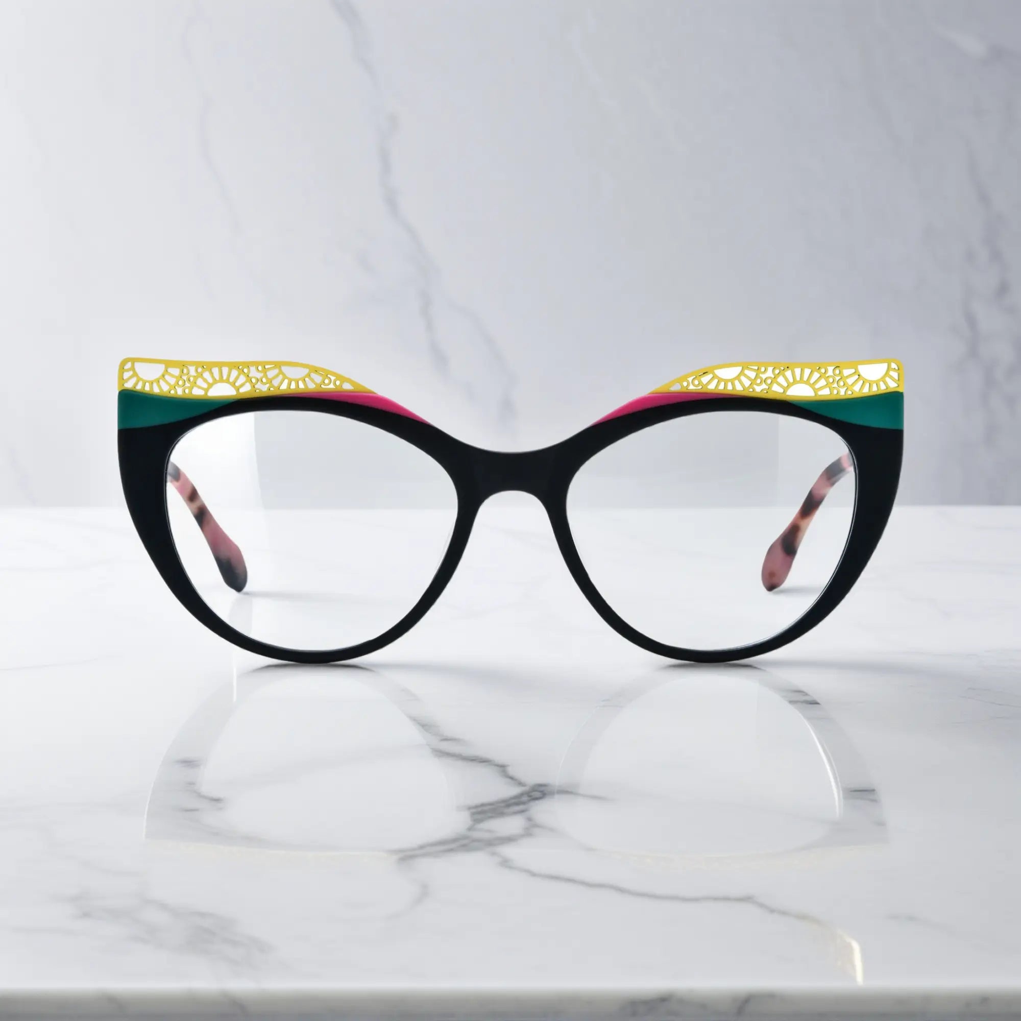 Front View of VoyueLens™ Crimson Nebula cat-eye eyeglasses with matte black with red nebula gradient and signature lace-pattern design.