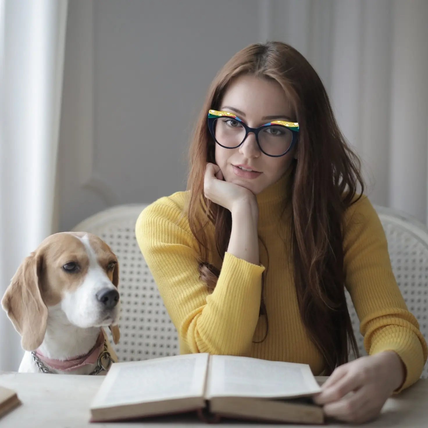 Model Wearing View of VoyueLens™ Crimson Nebula cat-eye eyeglasses with matte black with red nebula gradient and signature lace-pattern design.