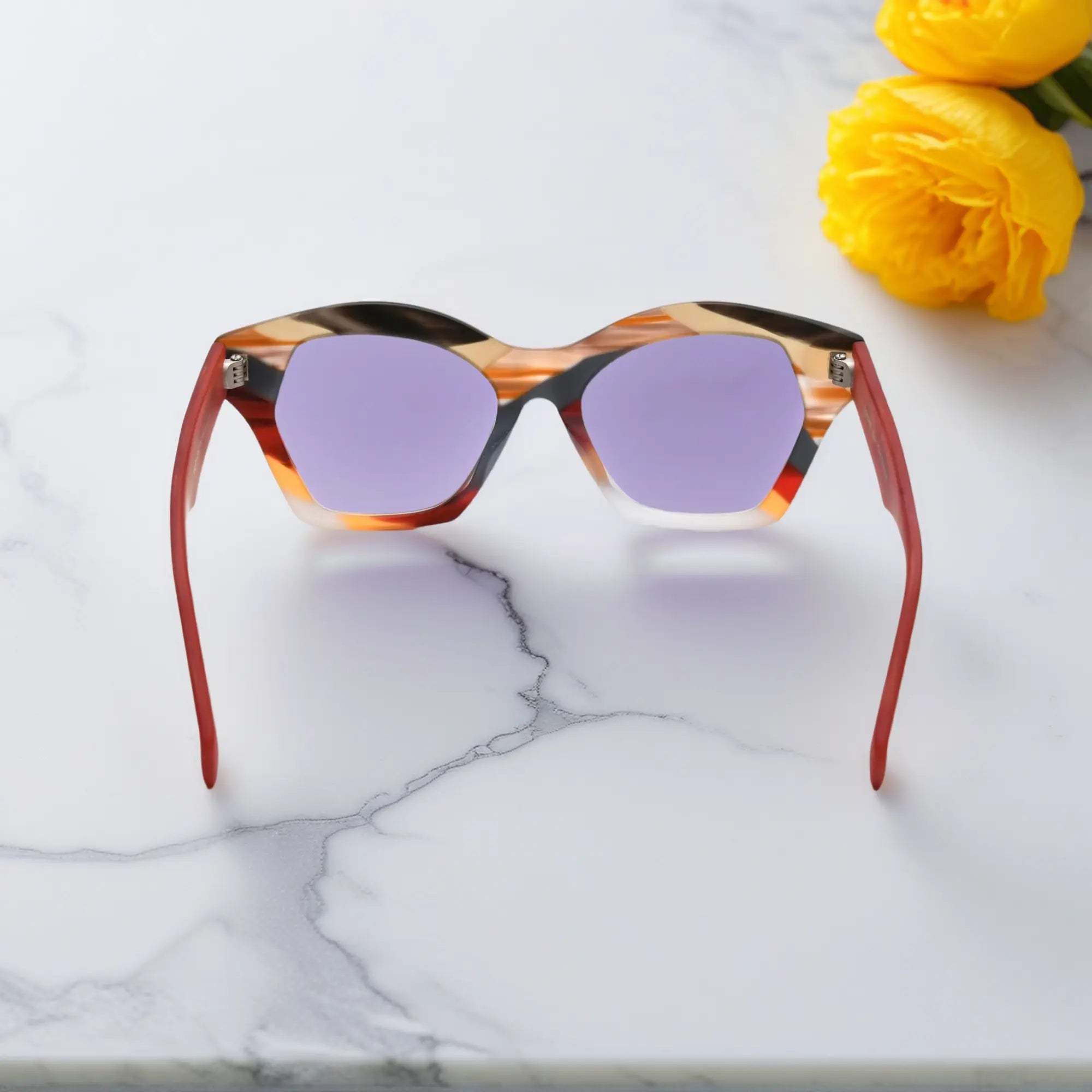 Rear angle of VoyueLens™ Crimson Storm eyewear highlighting inner pattern and nose bridge shaping.