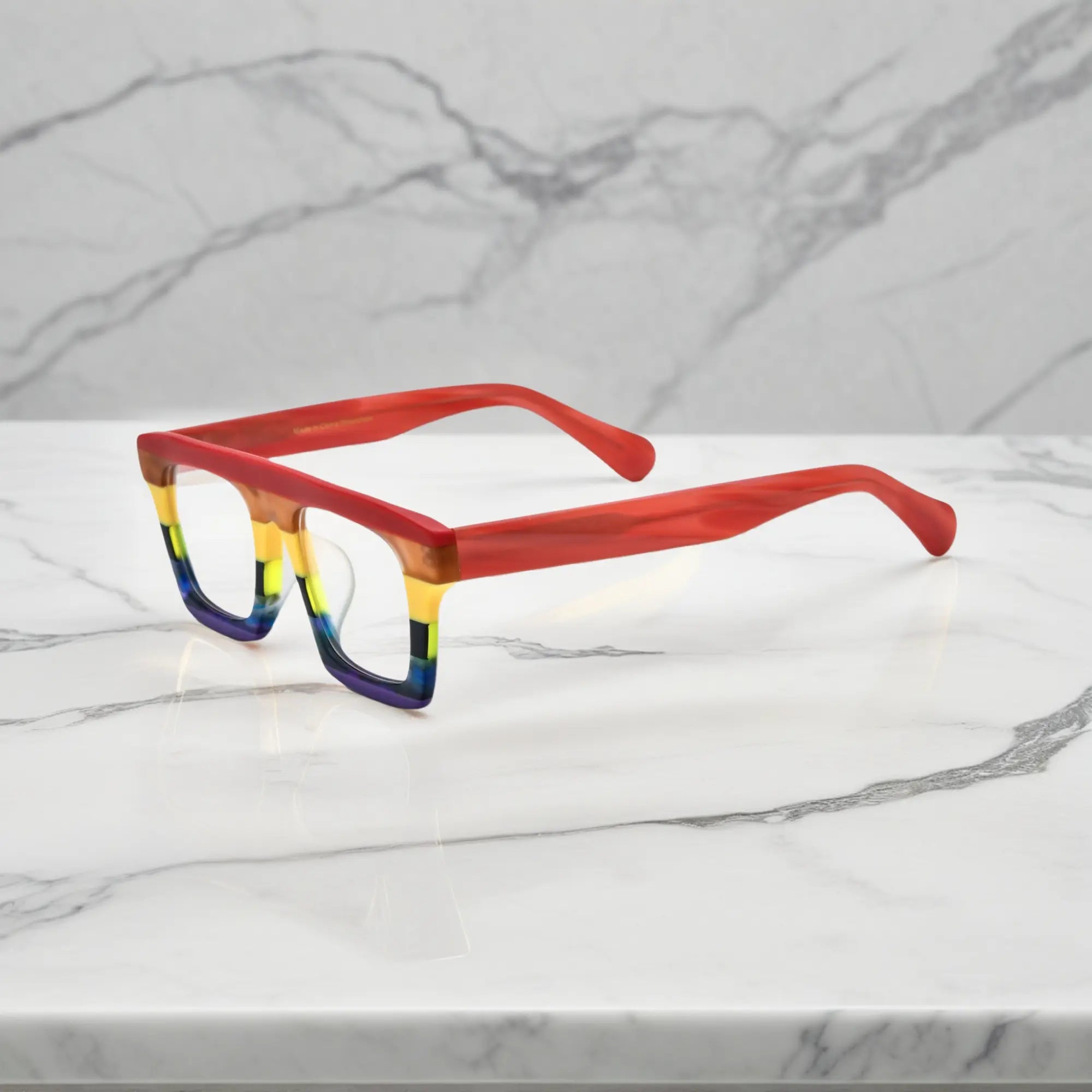 Side profile highlighting the temple structure and acetate finish of VoyueLens Acetate Square Eyeglasses in Crimson Twilight 