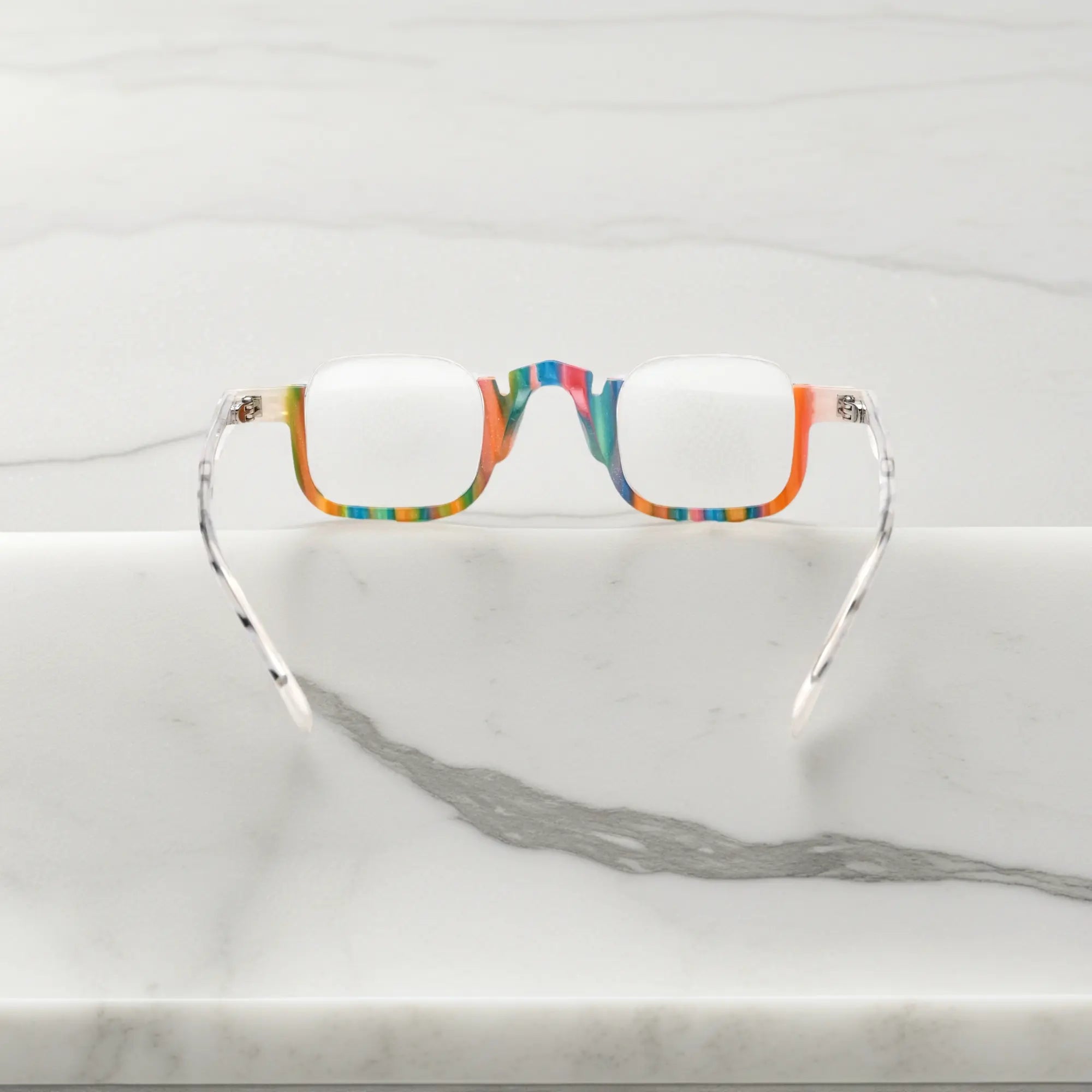 Rear view of VoyueLens™ crystal aurora square glasses frame with multicolor translucent acetate finish