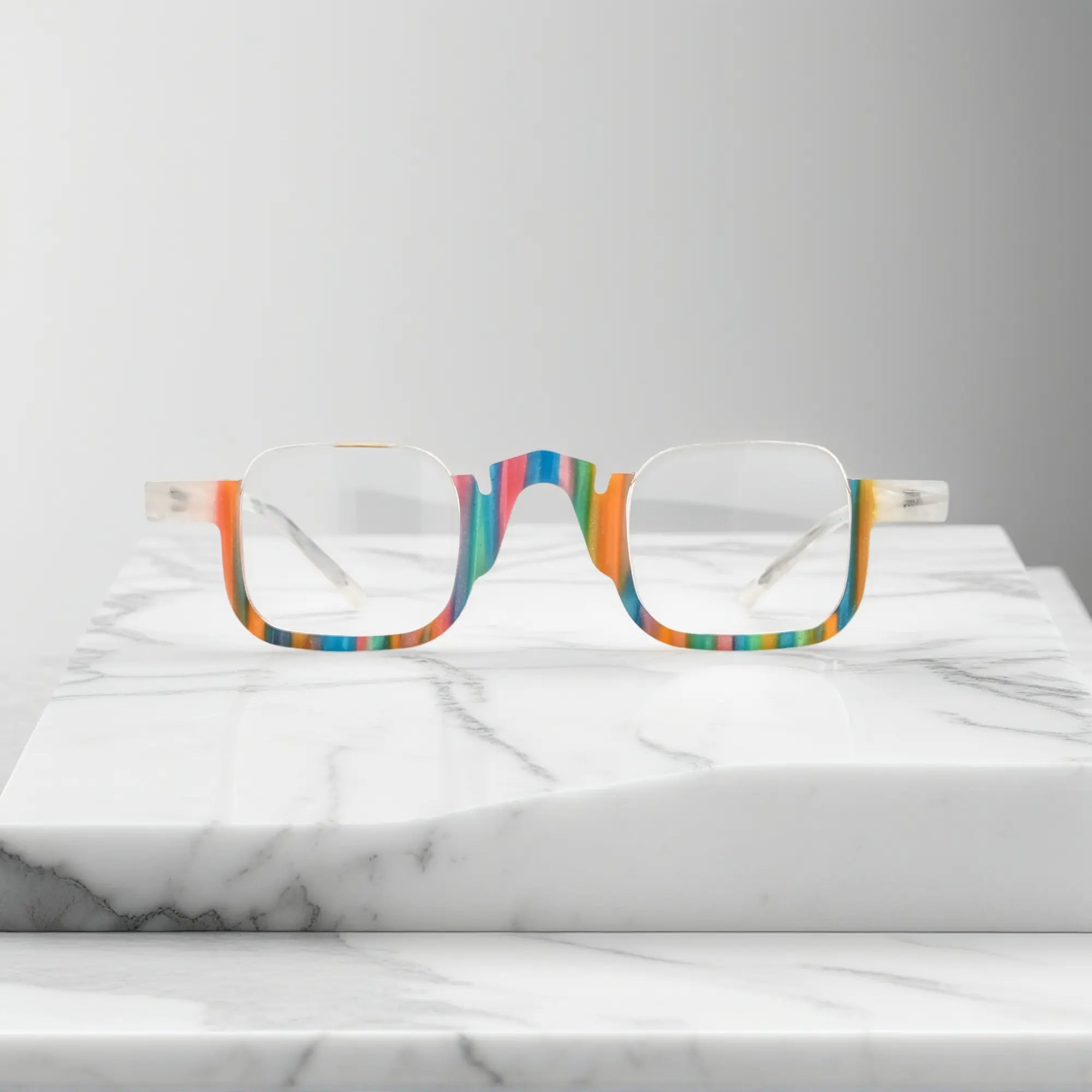 Front view of VoyueLens™ square eyeglasses in crystal aurora acetate, clear colorful fashion frame