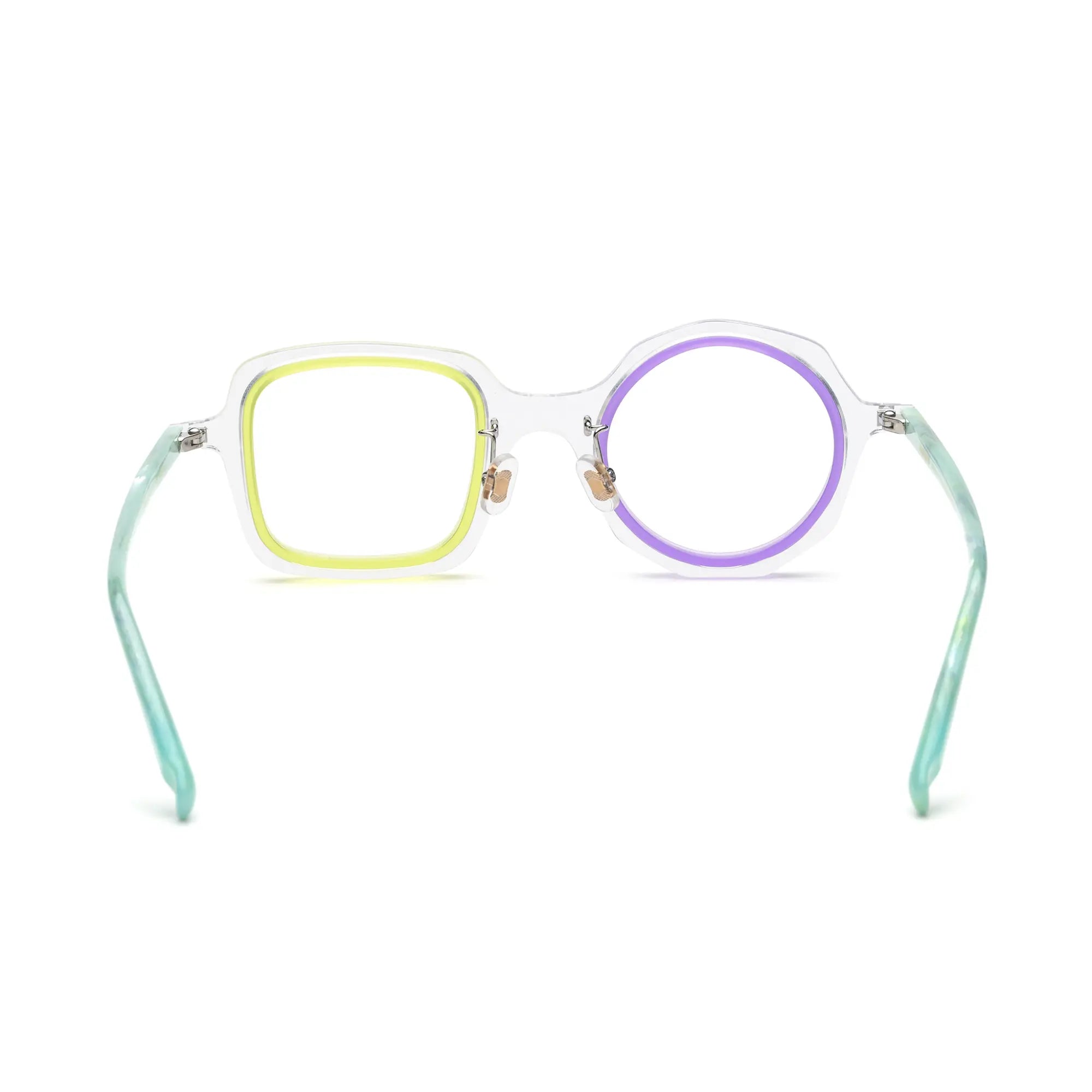 VoyueLens™ geometric eyeglasses in Crystal Lilac color, rear view highlighting acetate structure and temple tips.