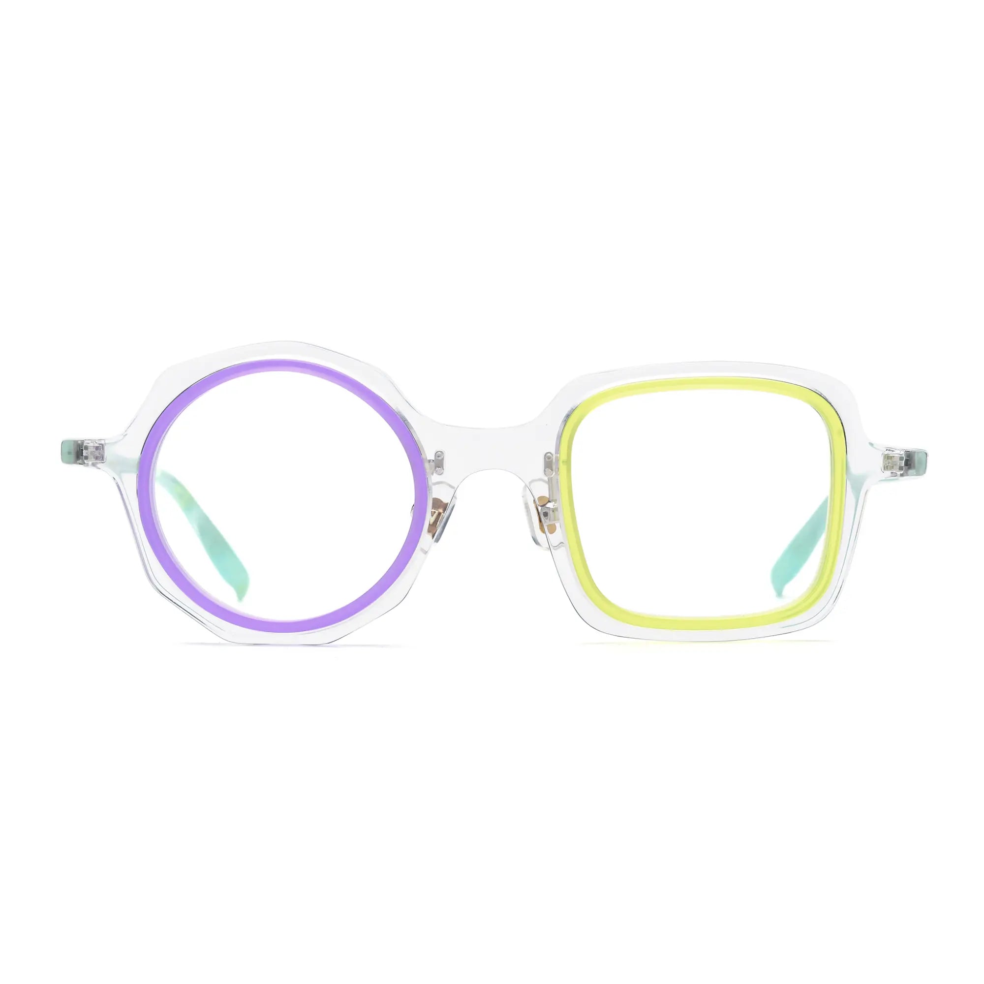 VoyueLens™ geometric eyeglasses in Crystal Lilac color, shown in front view. Features acetate frame and silicone nose pads.