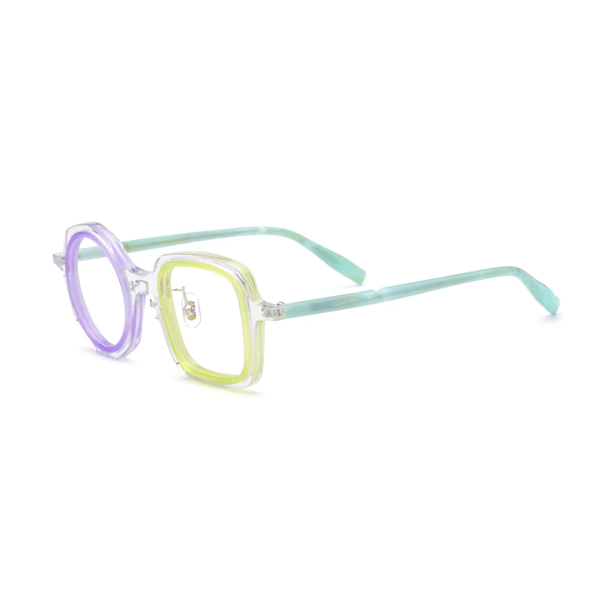 VoyueLens™ geometric eyeglasses in Crystal Lilac color, side view showing dual-tone design and spring hinges.