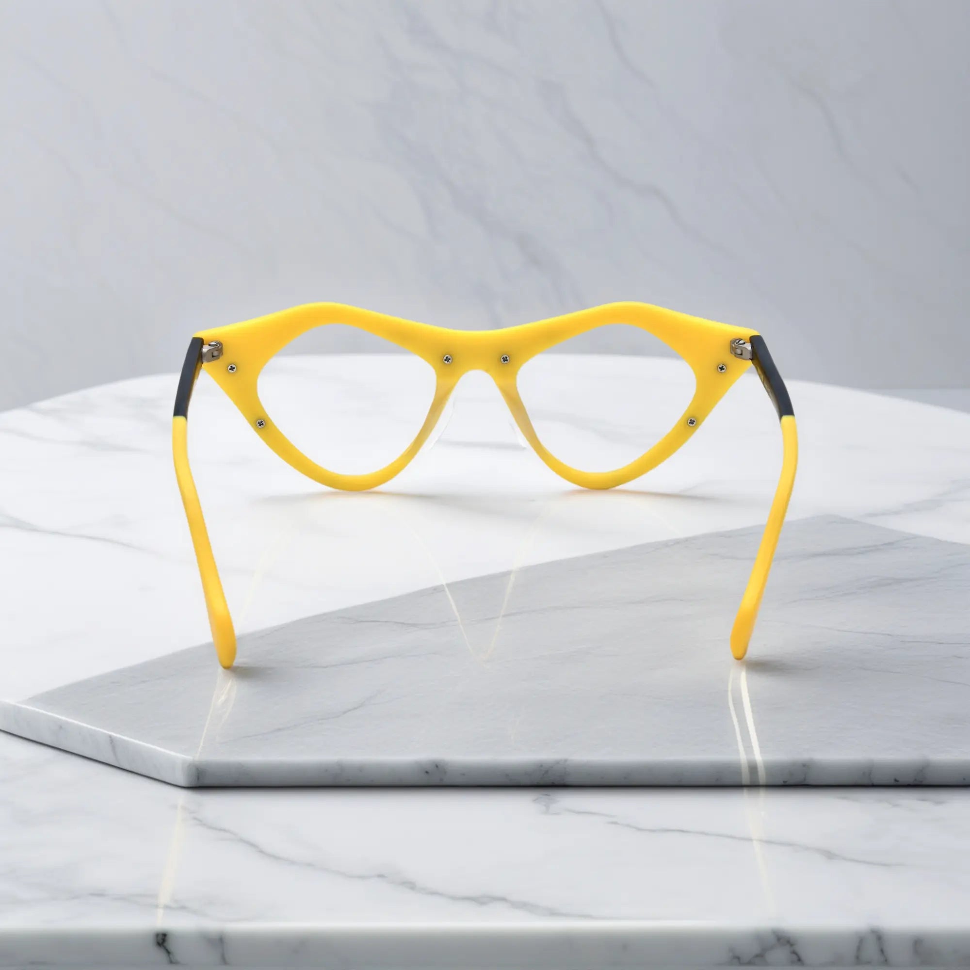 Cyber Yellow VoyueLens™ pixel cat-eye glasses rear view