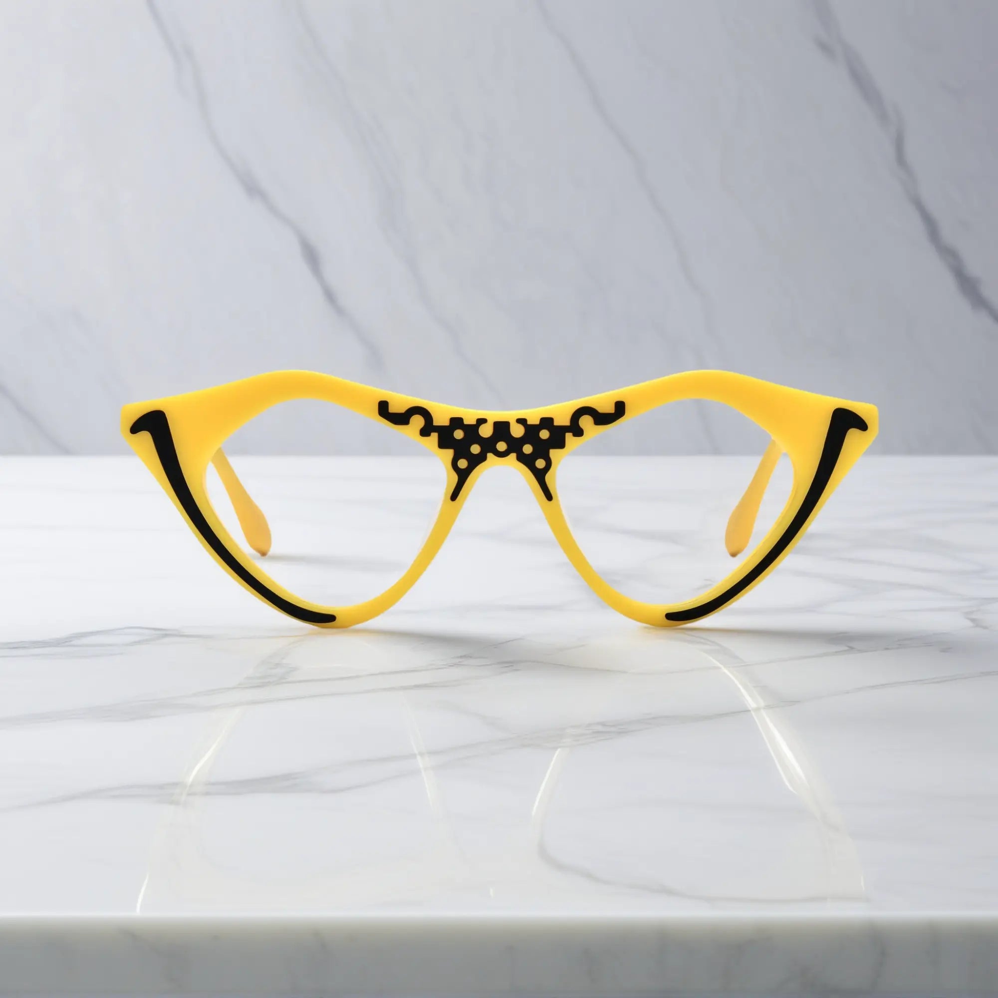 Cyber Yellow VoyueLens™ pixel cat-eye glasses front view