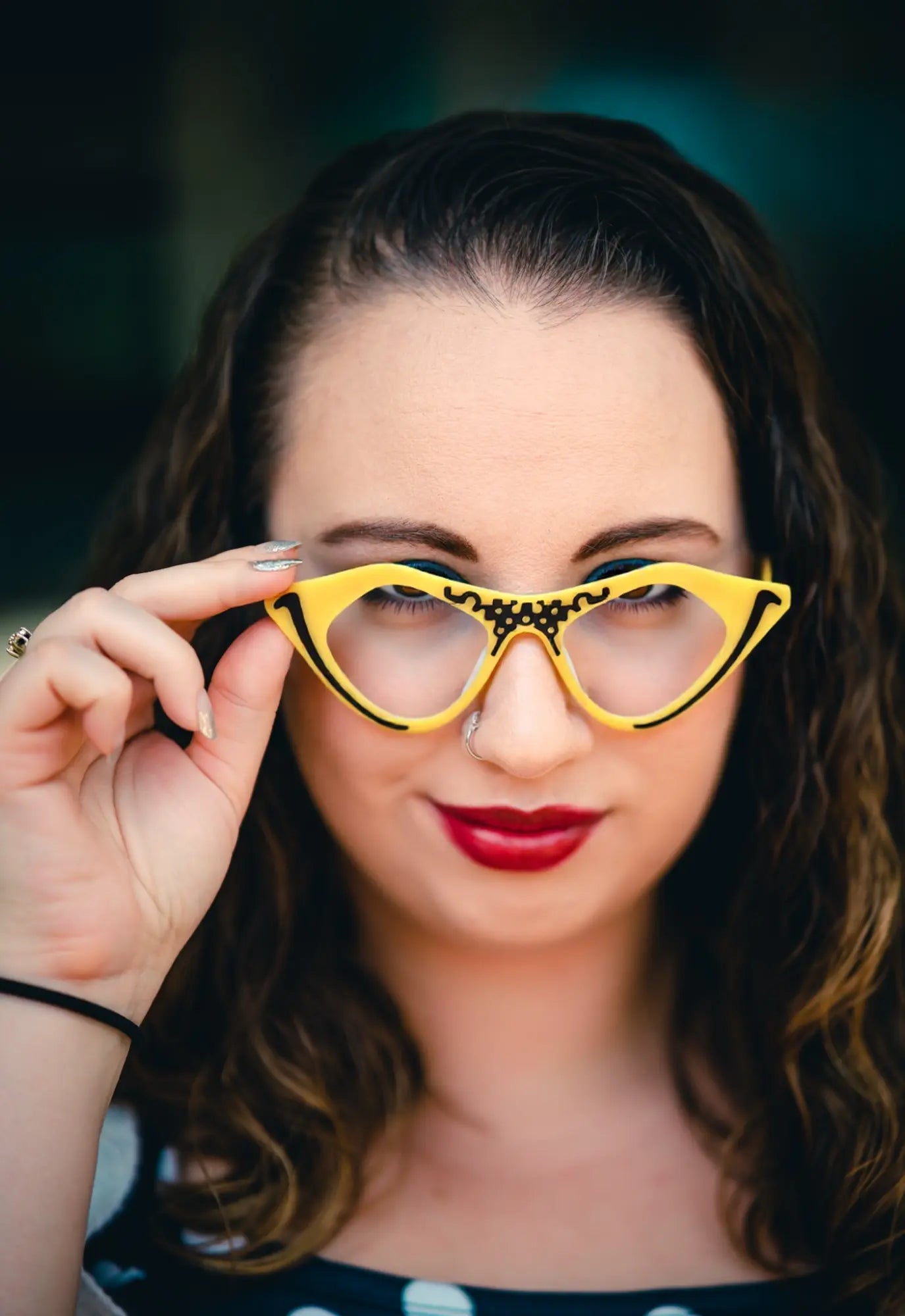 Model wearing Cyber Yellow VoyueLens™ pixel cat-eye glasses for street style