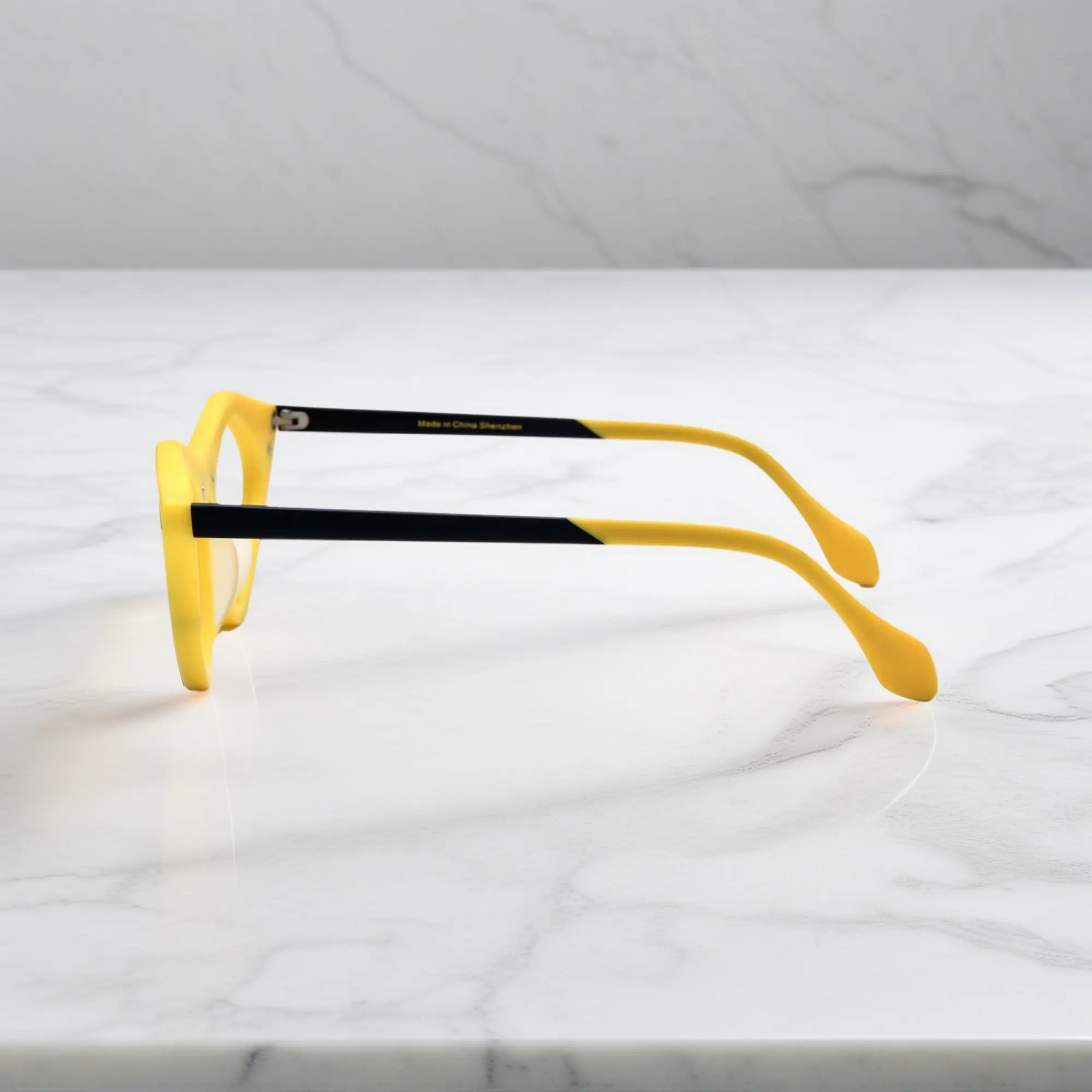 Cyber Yellow VoyueLens™ pixel cat-eye glasses side profile showing temples