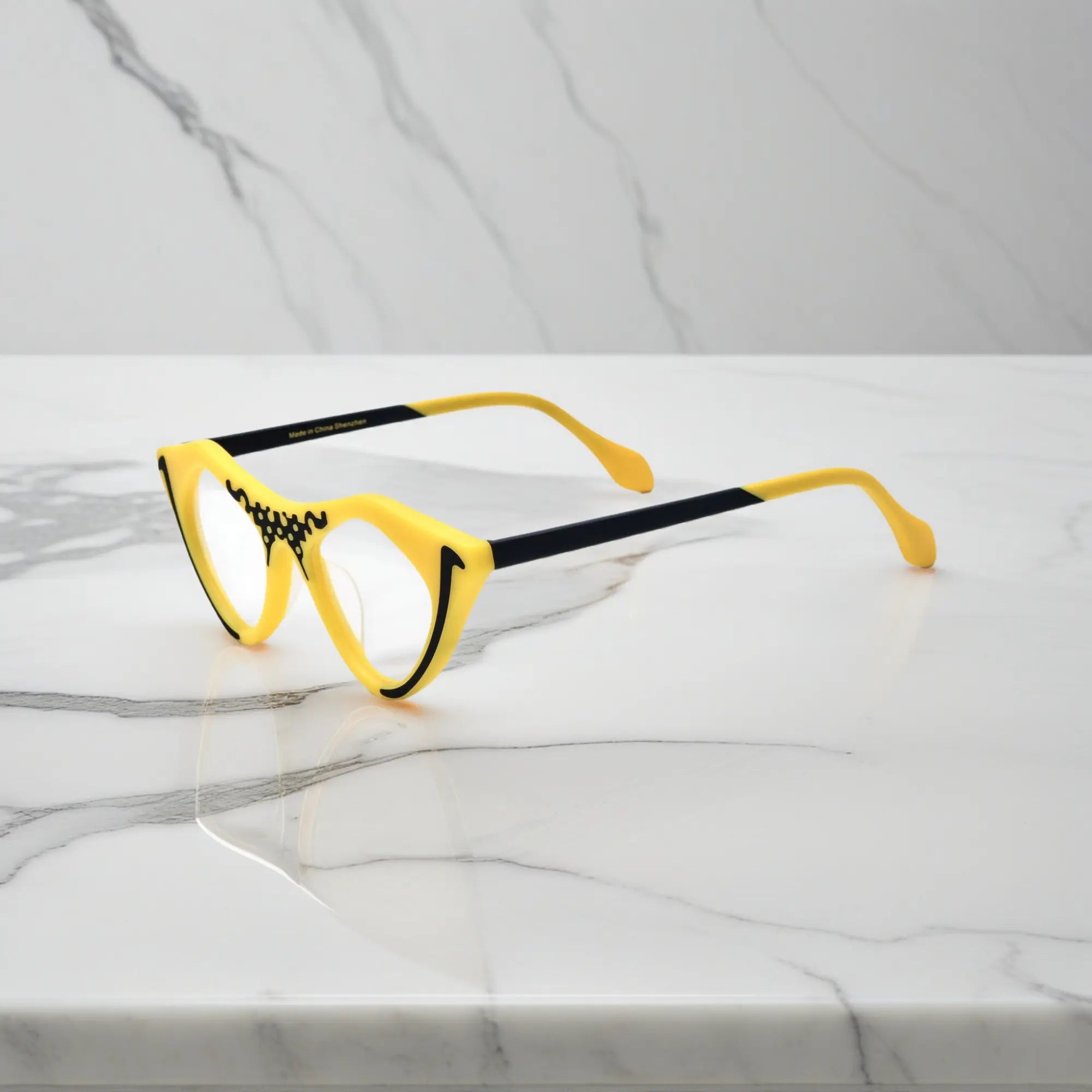 Cyber Yellow VoyueLens™ pixel cat-eye glasses side profile