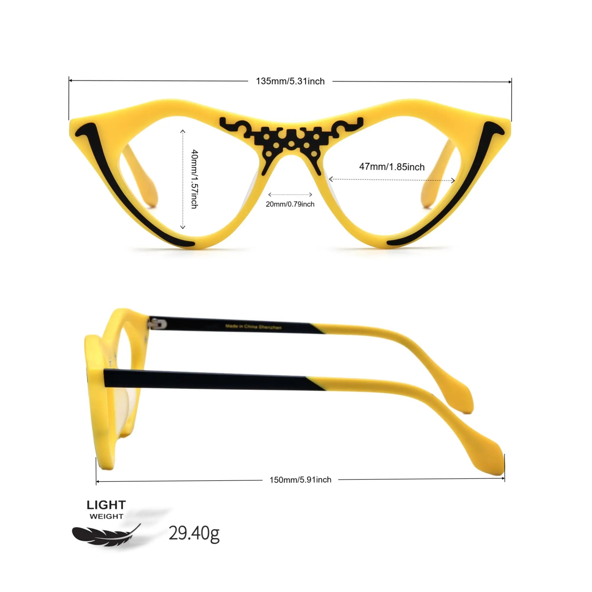 Dimensions of Cyber Yellow VoyueLens™ pixel cat-eye glasses