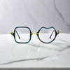 Front View of VoyueLens™ Electric Olive bold abstract eyeglasses VL185842-C5. Close-up of the front-facing design showing the asymmetric lens combination with acetate finish.