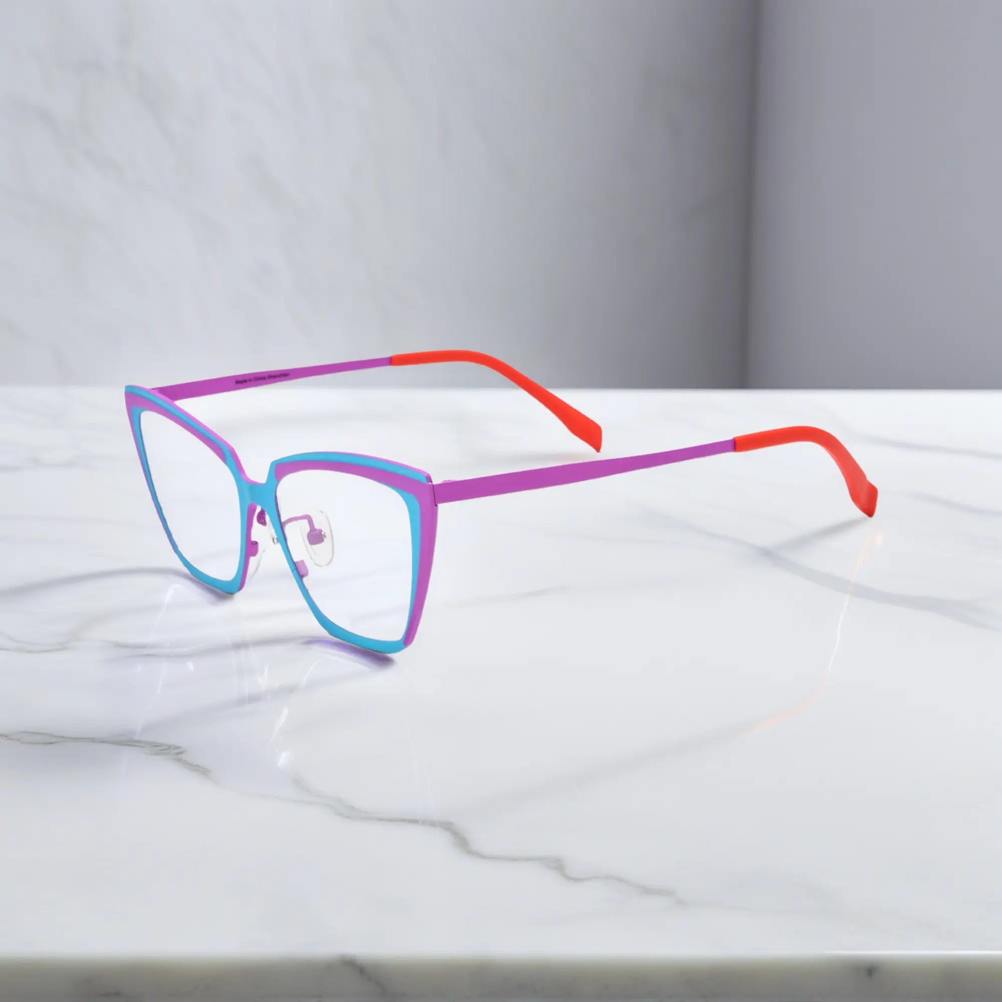 Side view of blue-purple VoyueLens™ VL185809 Electric Orchid titanium glasses