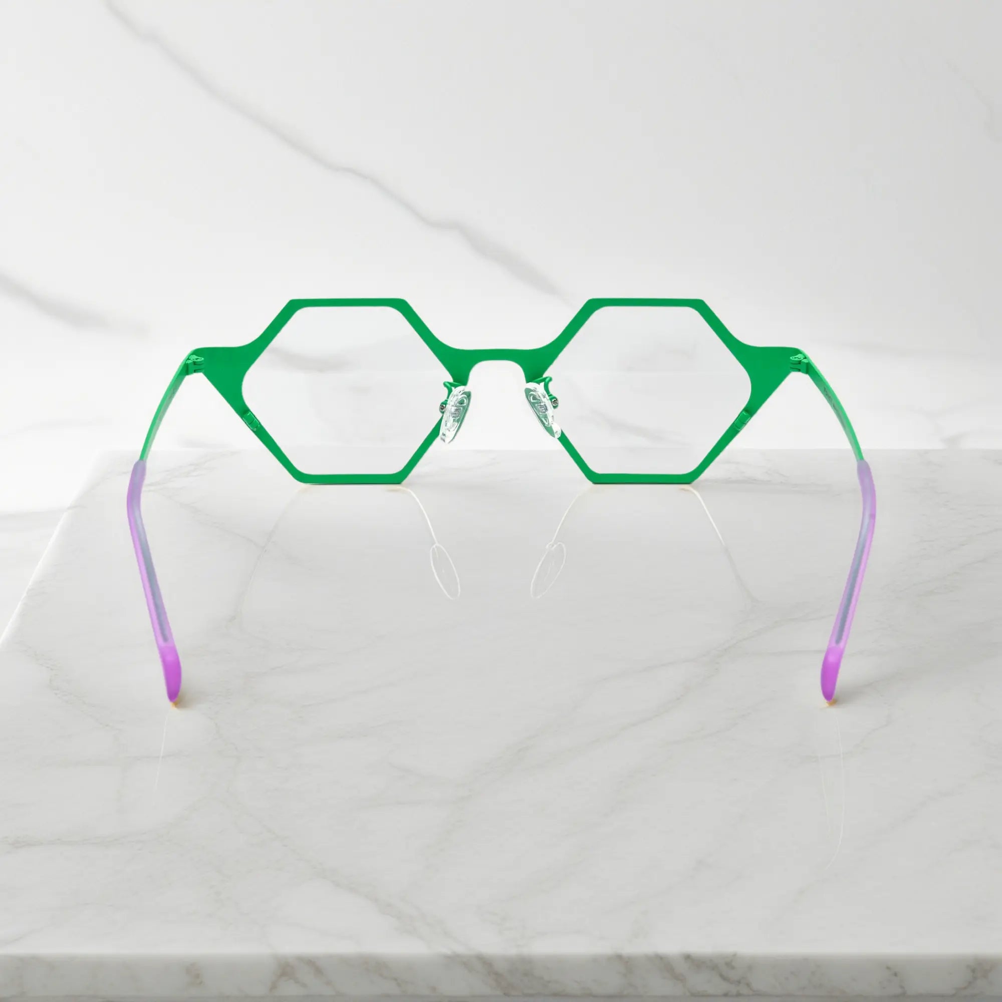 Back angle of VoyueLens™ VL185881 in Emerald Wave – polygonal eyeglass design