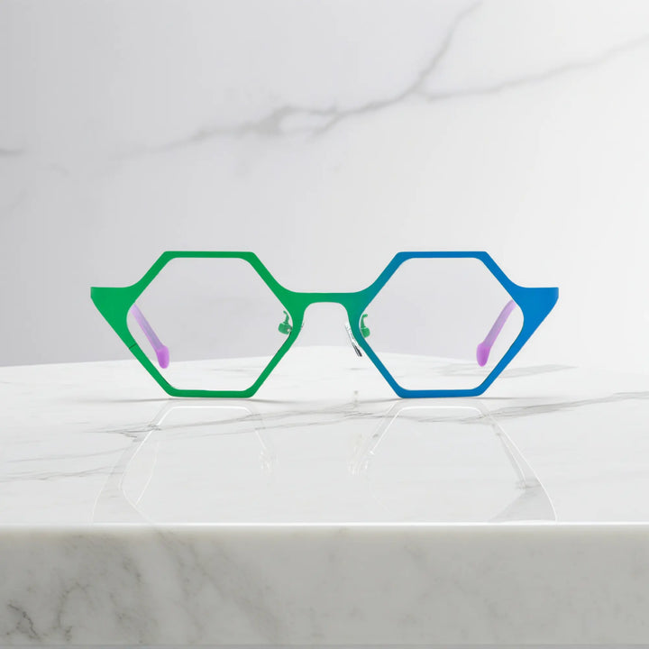 Front view of VoyueLens™ VL185881 in Emerald Wave – green and blue titanium eyeglasses