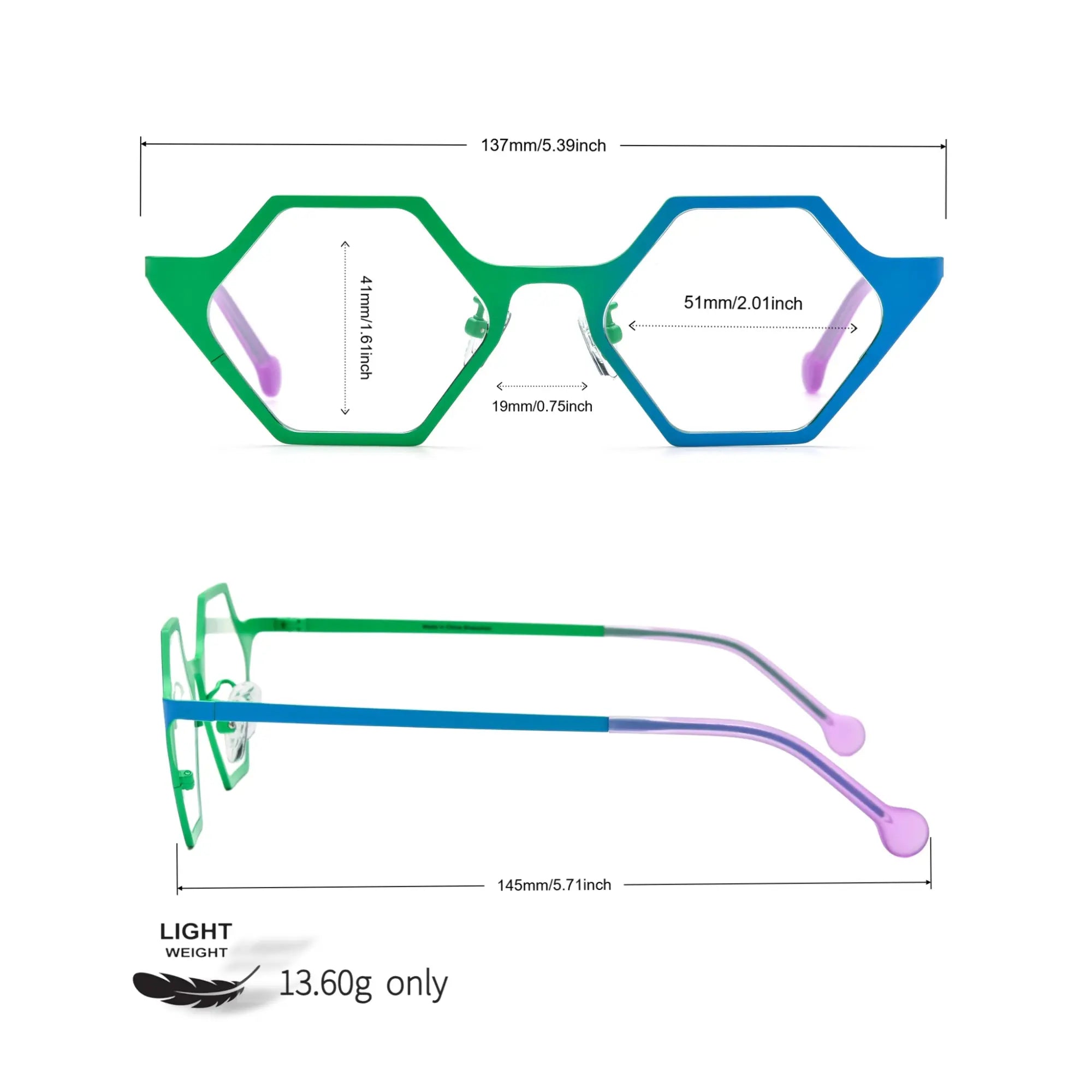 Size chart for VoyueLens™ VL185881 in Emerald Wave with precise titanium specs