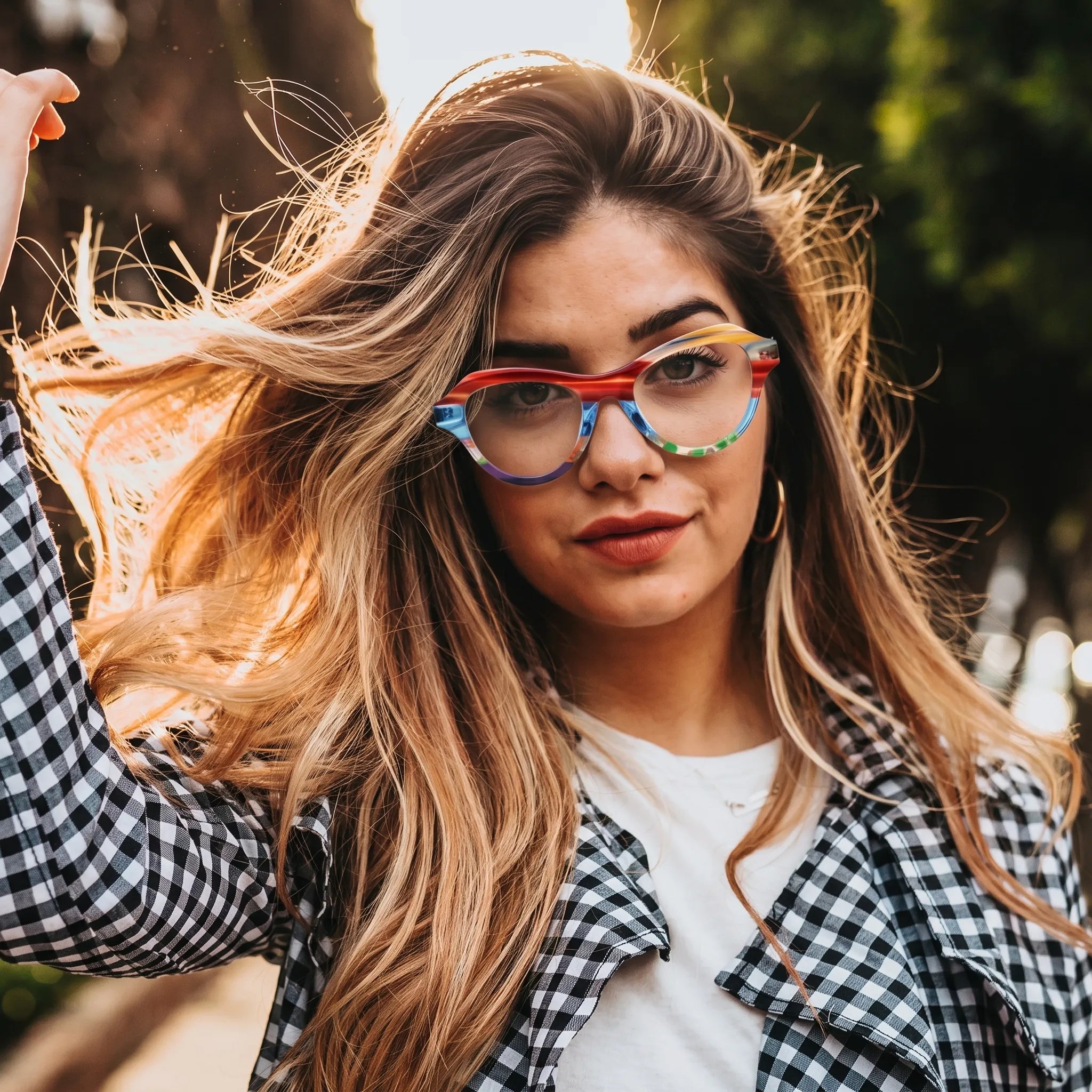 VoyueLens Flame Ripple Bold Butterfly Eyeglasses – Model Wearing View – SKU VL19380-C2