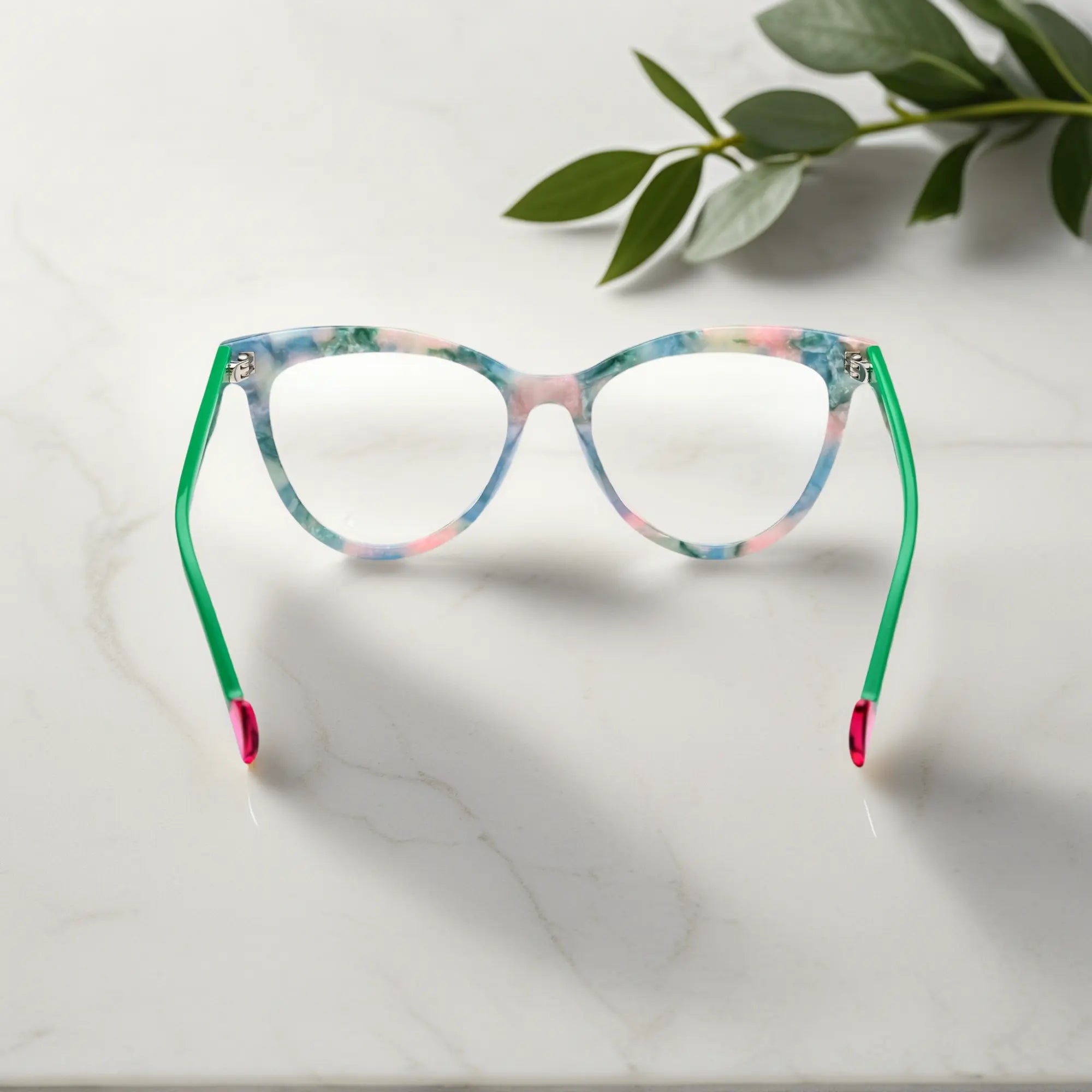 Back view of VoyueLens VL19362 eyeglasses in floral green with pink tips