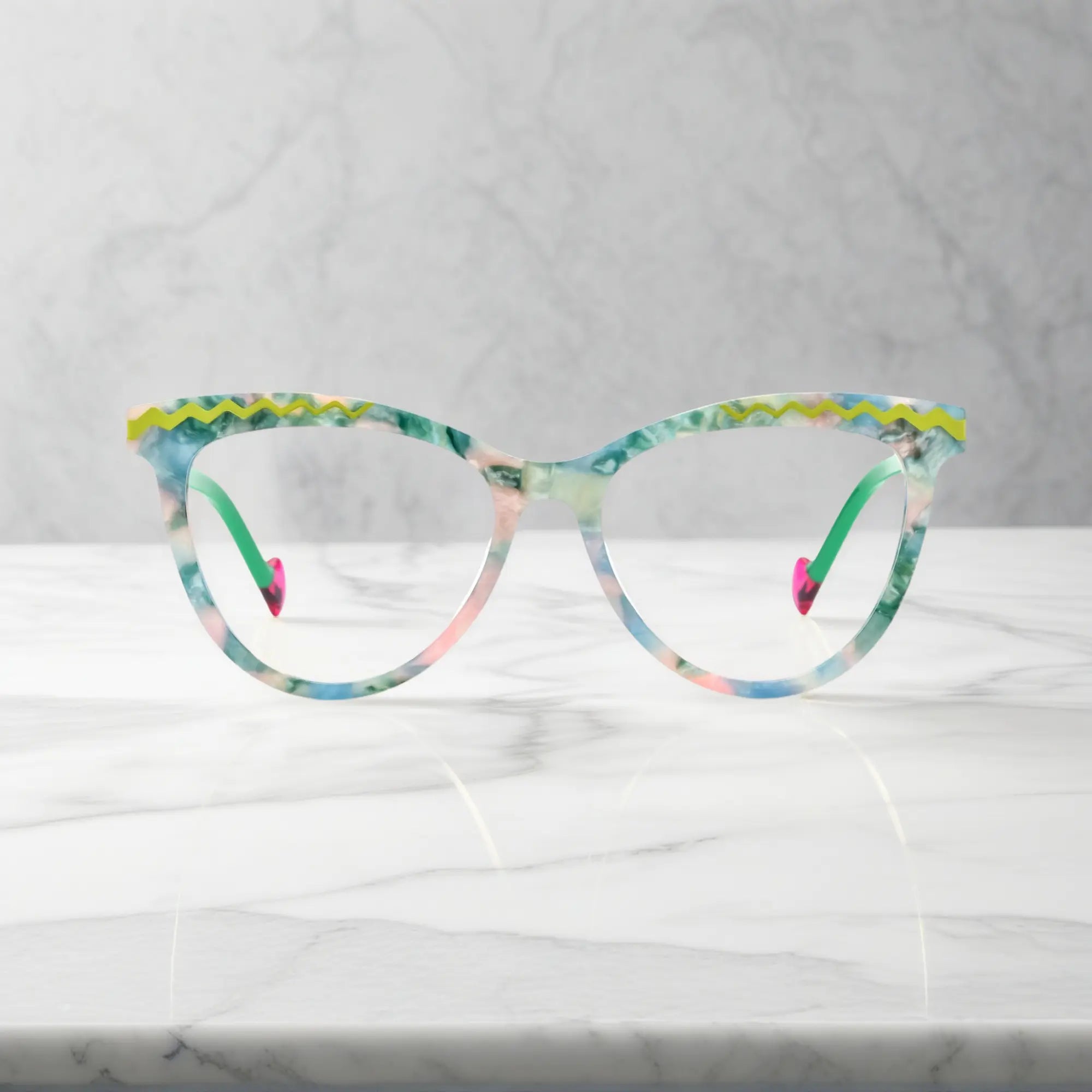 VoyueLens VL19362 eyeglasses in floral green, front view showing zigzag design