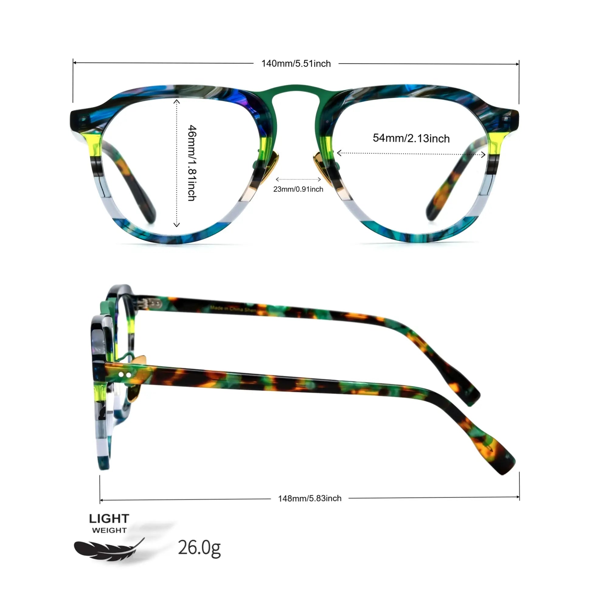 Size chart of VoyueLens Forest Aurora green amber acetate aviator glasses