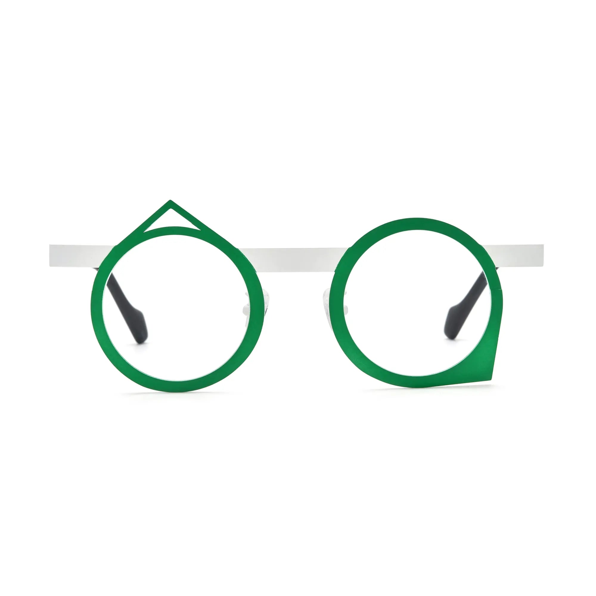 Front view of VoyueLens™ VL185801 Forest Ivory titanium eyeglasses featuring a green-white color-block design.